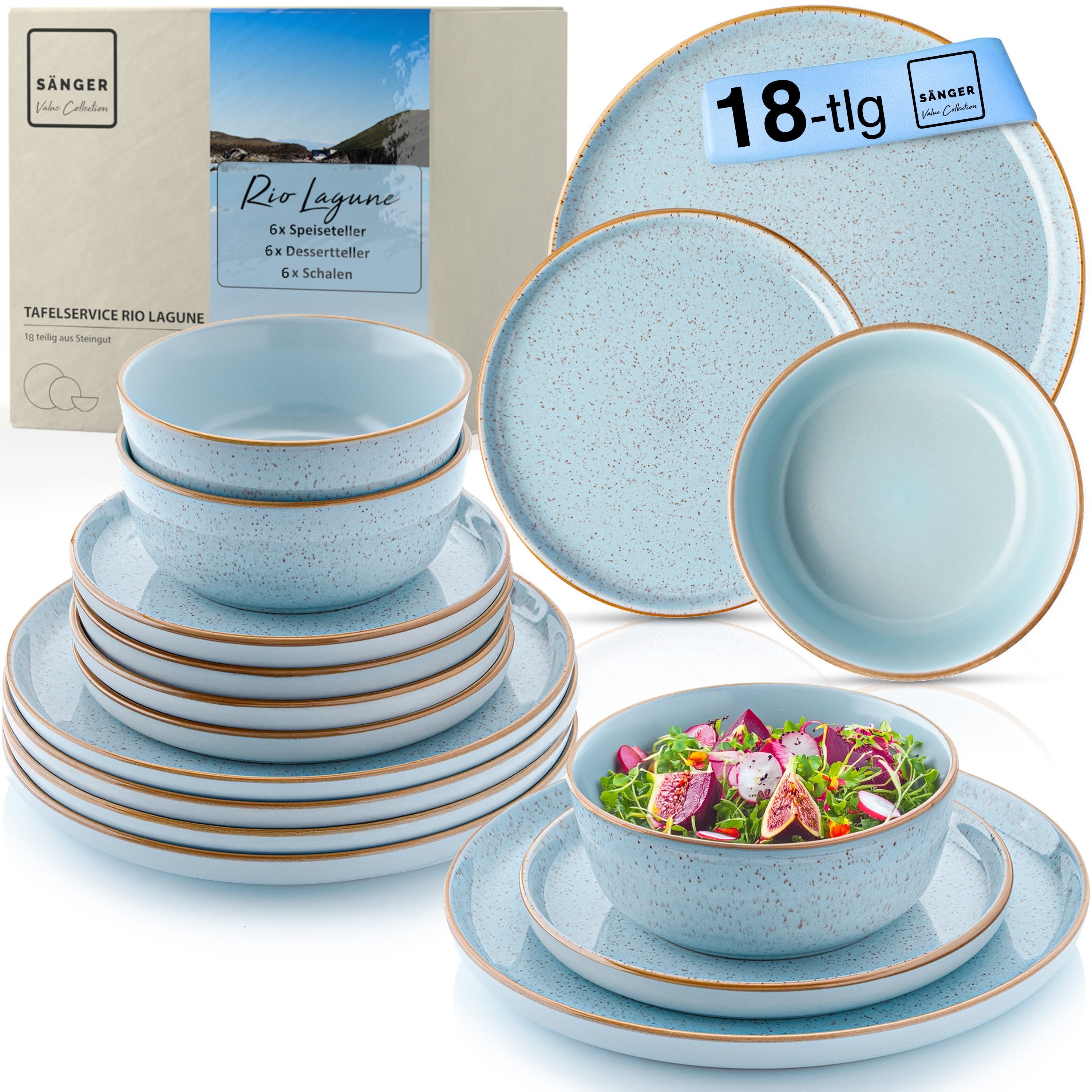 SÄNGER Столовый сервиз Rio Geschirrset (18-tlg), 6 Personen, Steingut, Handmade, Blau, Erweiterbar, VALUE COLLECTION
