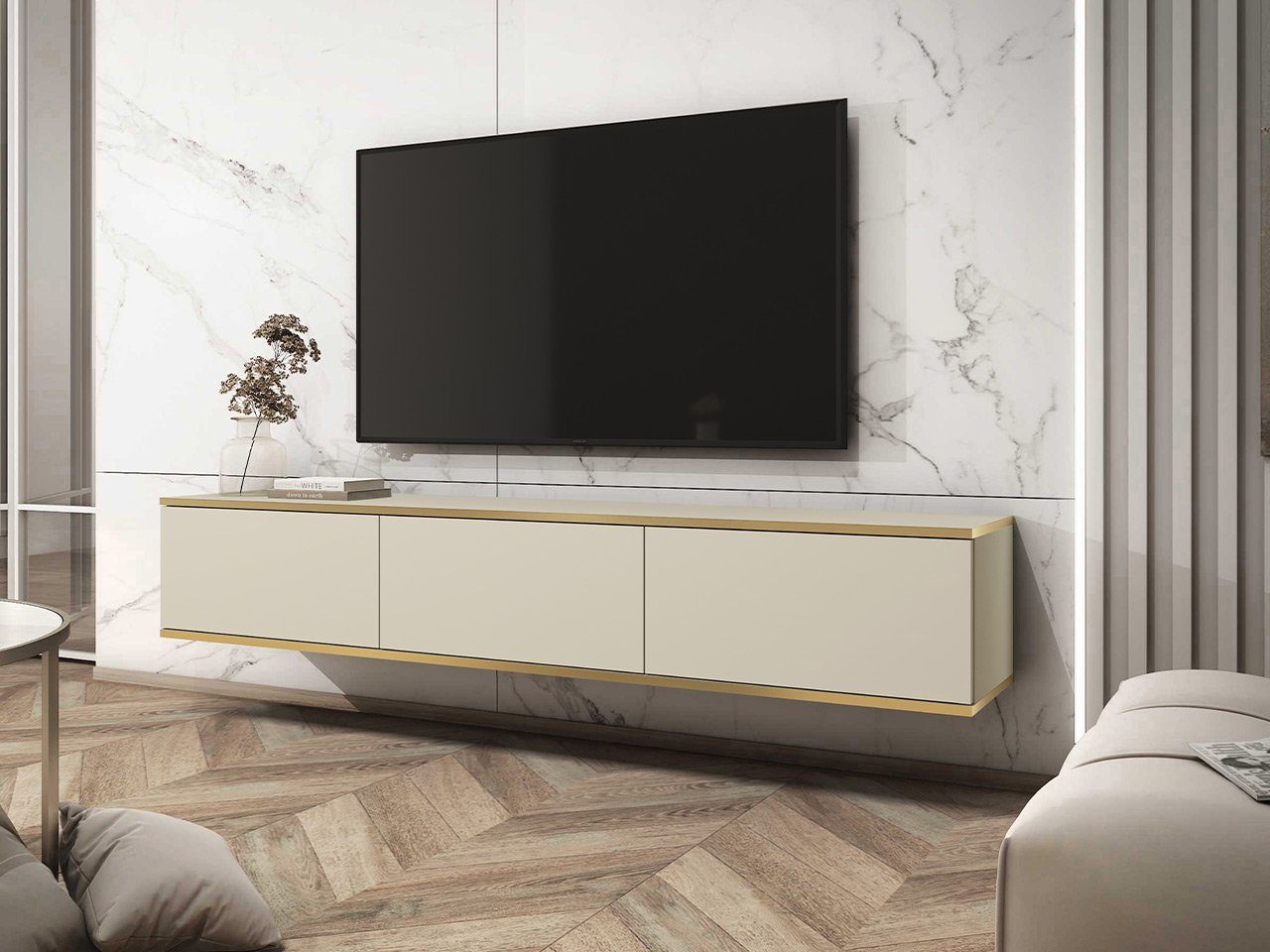 Mirjan24 TV-Schrank Oro I (3-Klappe) Griffloses Öffnungssystem push to open, 175x32x30 cm Beige / Beige + Gold