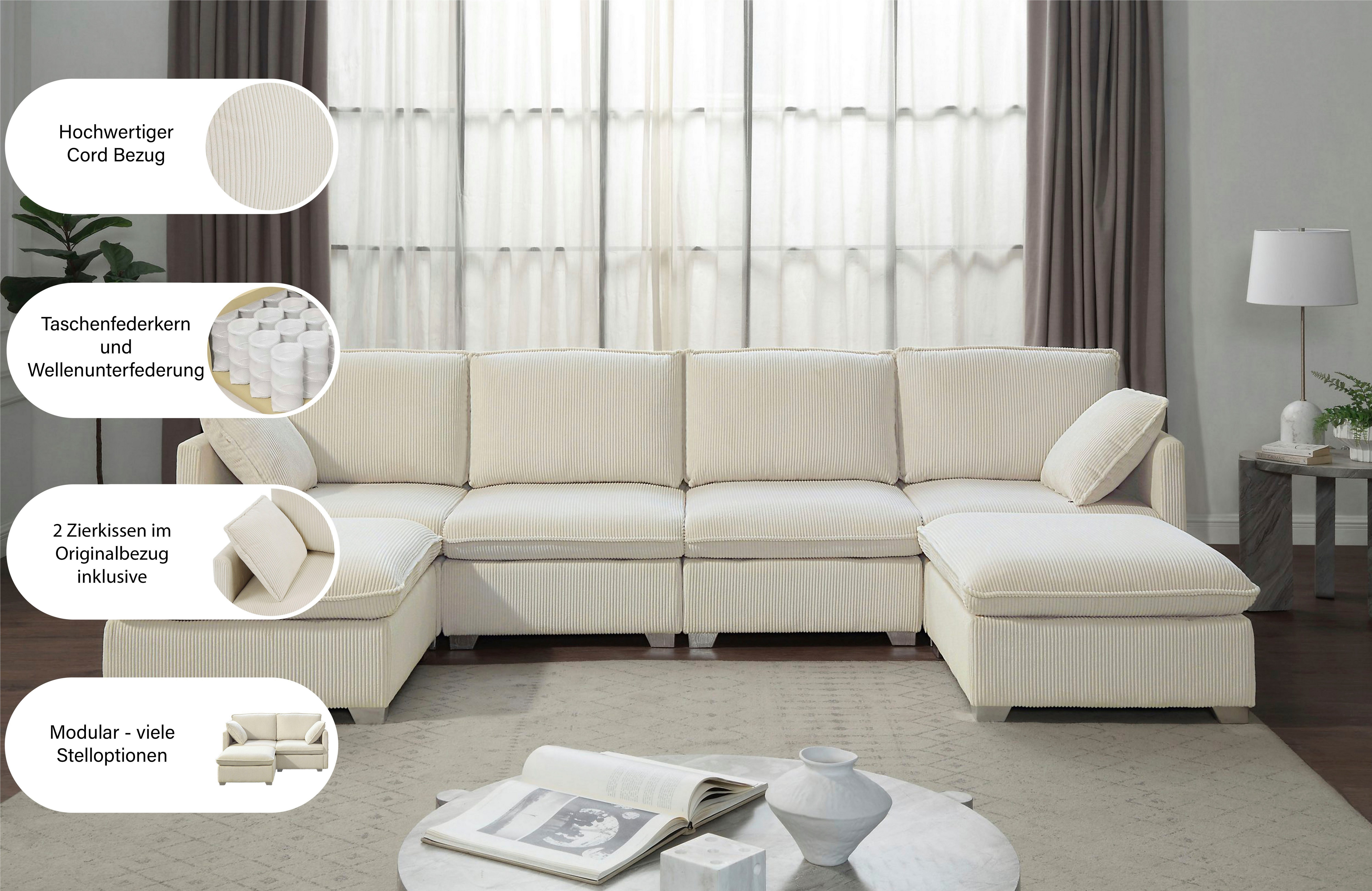 ATLANTIC home collection Wohnlandschaft, modularer 4-Sitzer mit 2 Hockern, weicher Cordbezug
