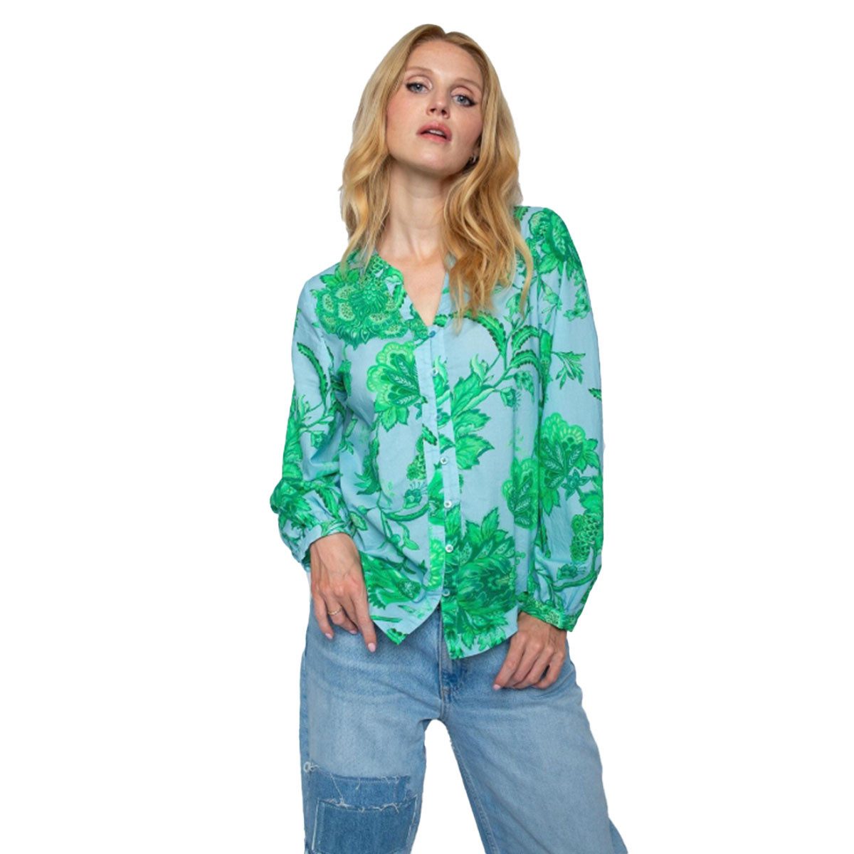 Langarmbluse denim green flowers