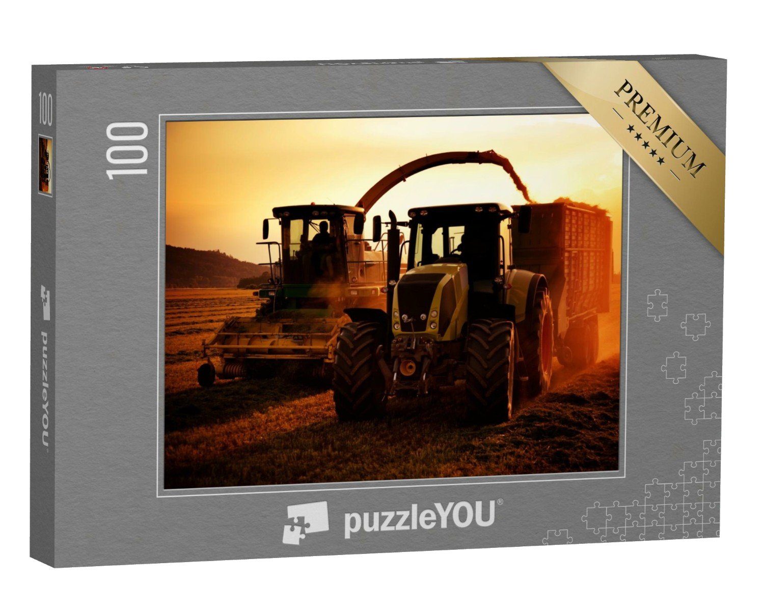 puzzleYOU Puzzle Traktoren auf einem Acker bei Sonnenuntergang, 100 Puzzleteile, puzzleYOU-Kollektionen Traktoren, Landwirtschaft