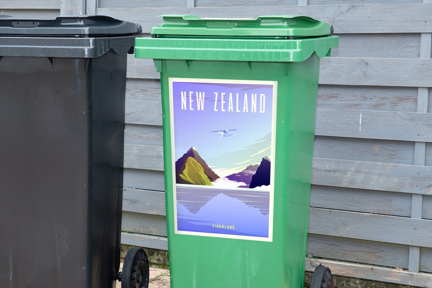 Fiordlandgebiets Illustration Container, St), Wandsticker (1 Neuseeland in Abfalbehälter MuchoWow Mülltonne, Mülleimer-aufkleber, des Sticker,