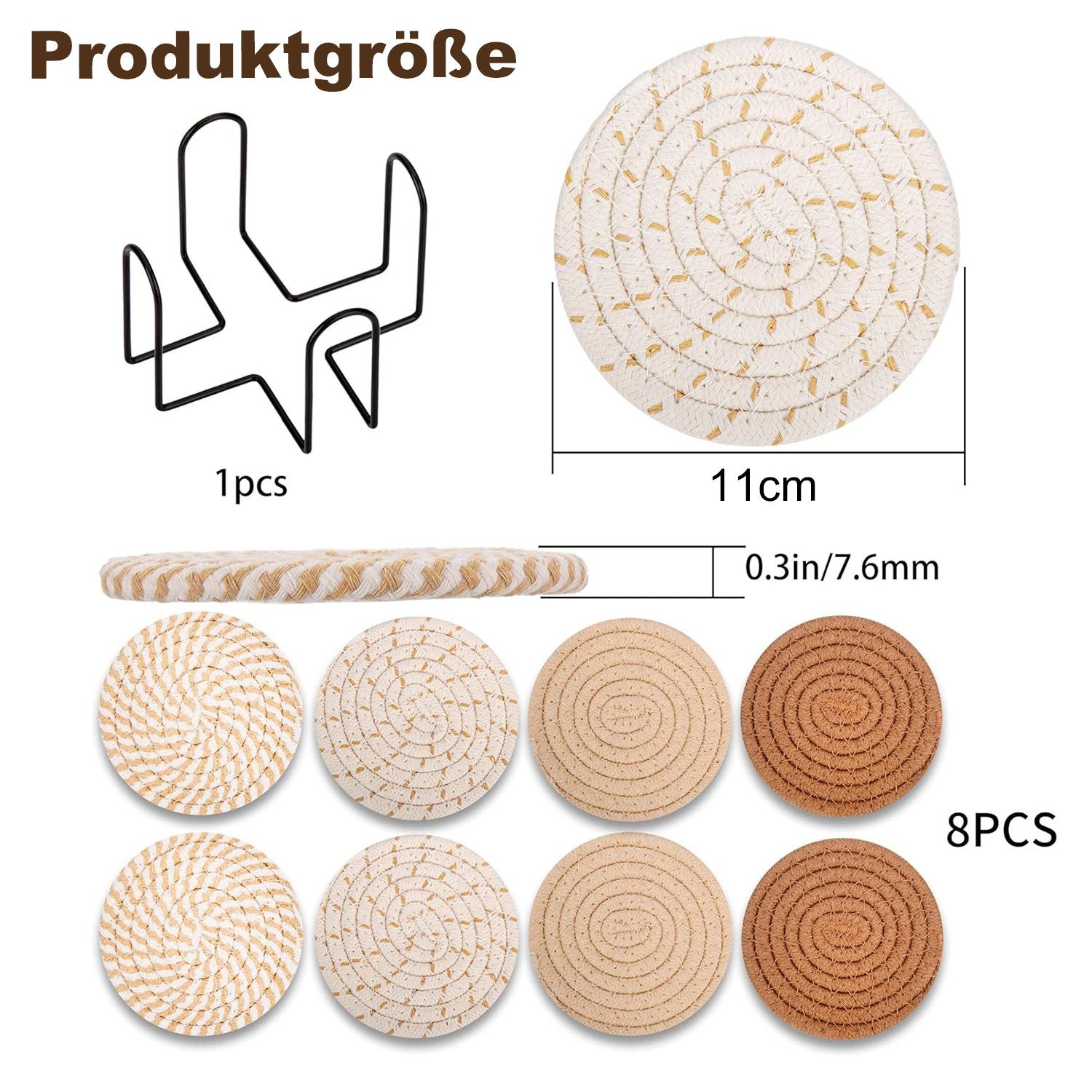 HEYHIPPO Becheruntersetzer Set geflochtene Baumwoll-Untersetzer mit Halter–rutschfest & saugfähig, Zubehör für Stellen Sie Getränke, Tassen und Gläser bereit, Set, Runde Glasuntersetzer 8er Set aus Baumwolle mit Halter –für Getränke
