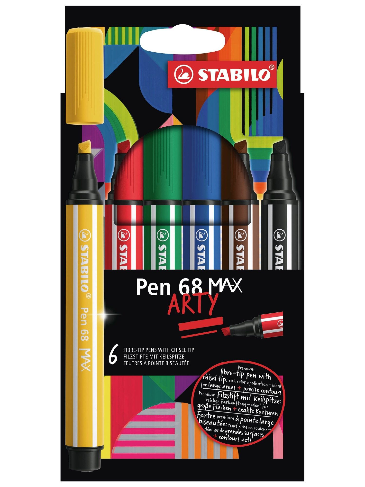 STABILO Filzstift Pen 68 MAX Premium Filzstift 6er Set mit Keilspitze, 12 Stunden Austrocknungsschutz