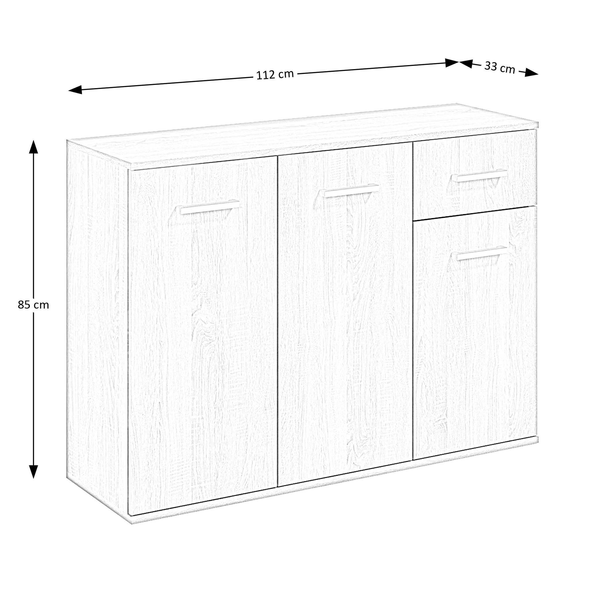 Beautysofa breite Sideboard, 112 Jakob (Schublade, Mehrzweckschrank Sonoma Türen, cm 3 Kommode Eiche V Wohnzimmerschrank),