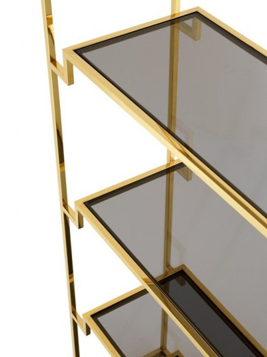 Casa Padrino Gold Schrank Regal B cm Luxus - 230 Edelstahl Rauchglas Bücherregal Schrank x Art Regal 90 H mit Deco Stauraumschrank Möbel