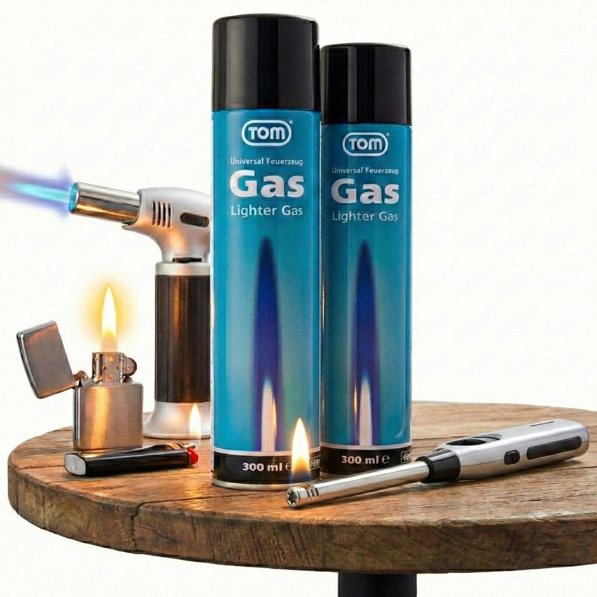 TOM Gas 300ml Feuerzeuggas inklusive Adapter, Reines Butangas, 2er Set