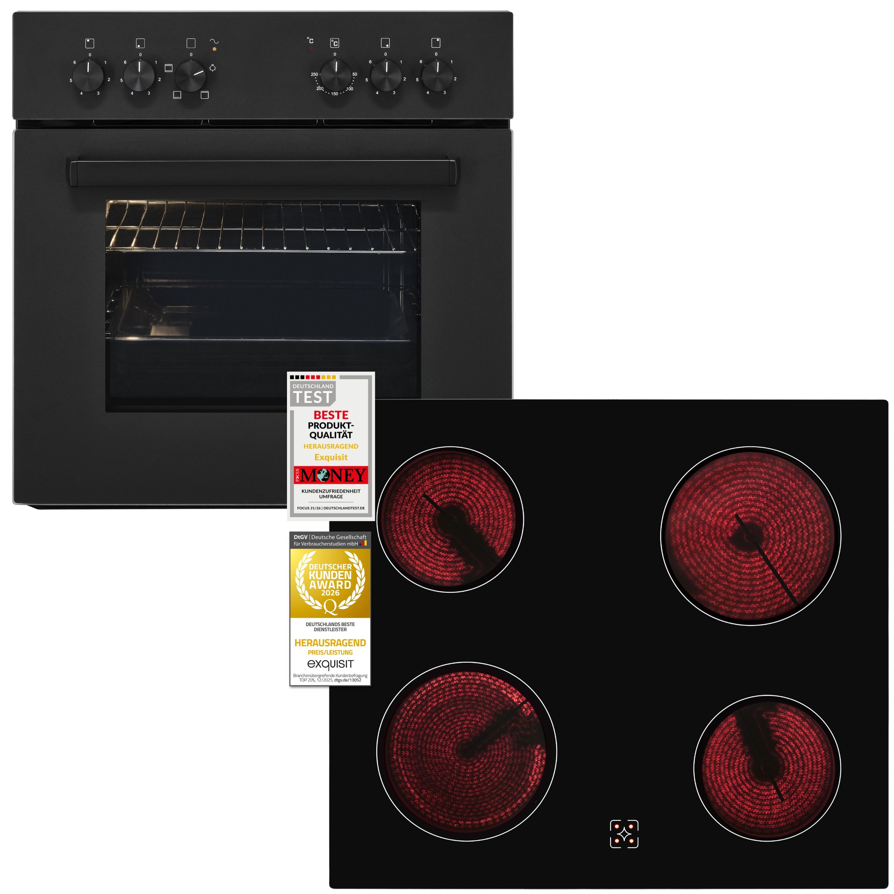 exquisit Backofen-Set EHE346-120 Set mattschwarz, Ober&Unterhitze mit 4-Zonen-Glaskeramikkochfeld – einfach & sicher!