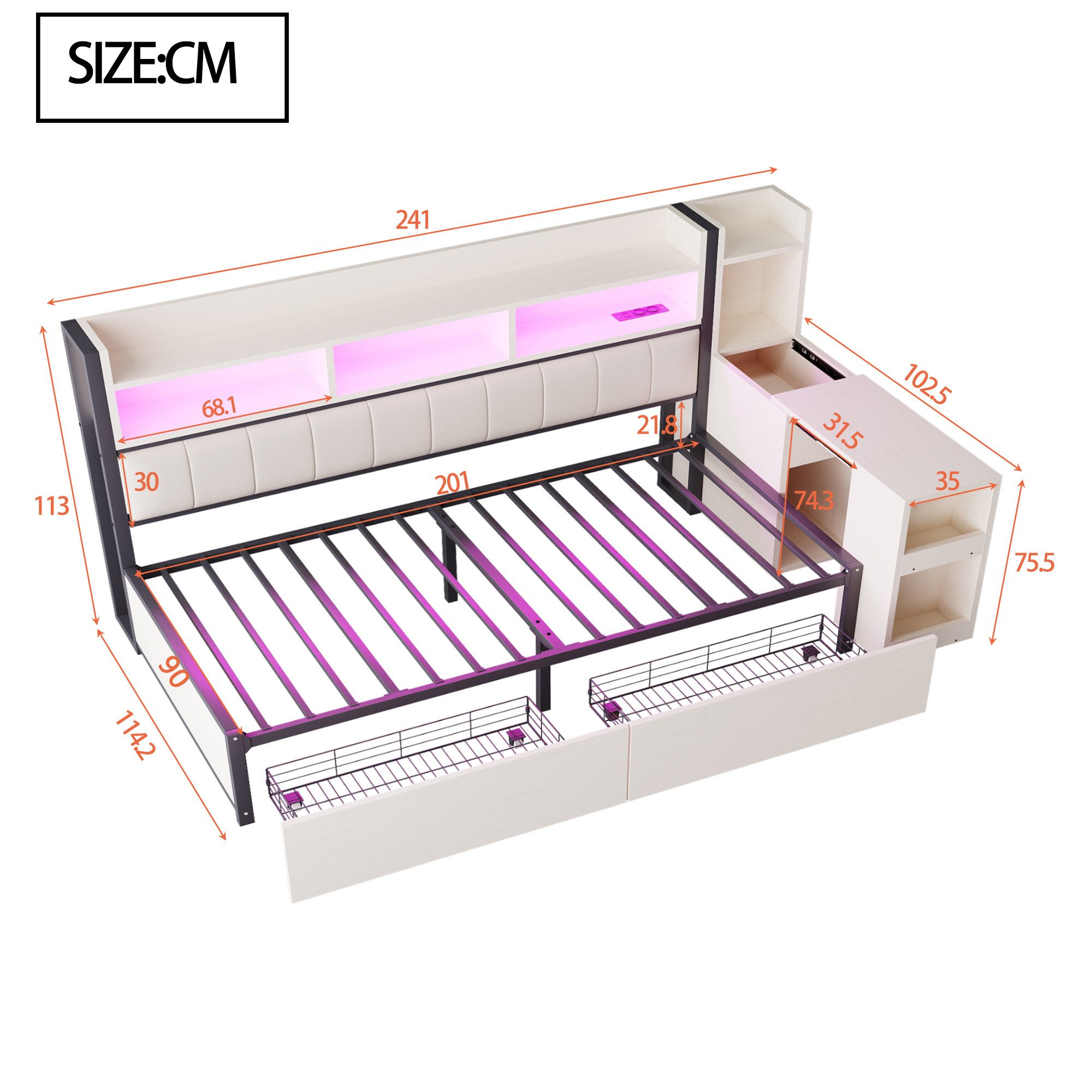 Celya Schlafsofa 90 x 200 cm, Mit vielseitigen Staufächern, ohne Matratze,mit multifunktionalen Steckdosen und LED-Beleuchtung, mit großen Schubladen und einem ausziehbaren Schreibtisch
