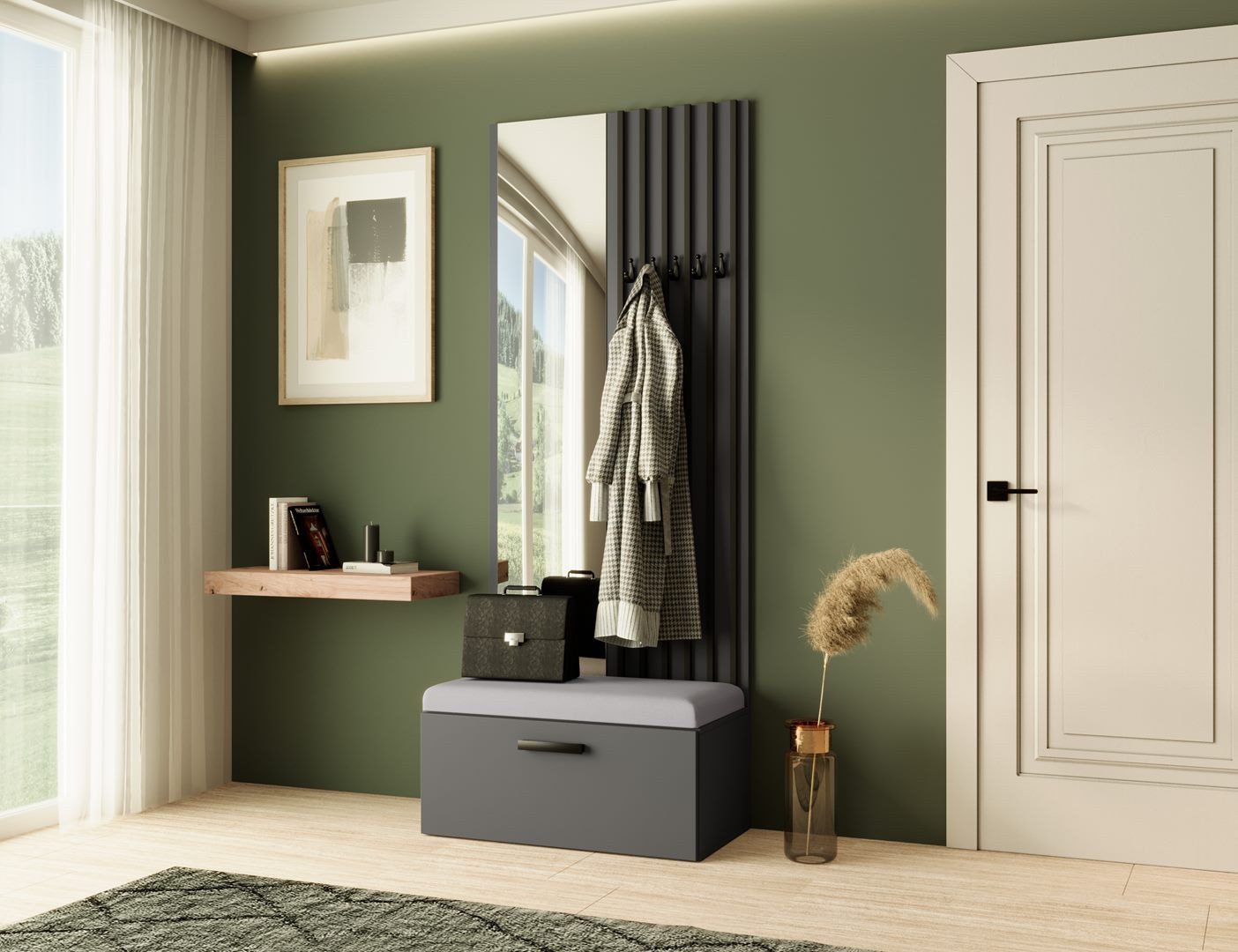Beautysofa Garderobenschrank mit Lamellen, Spiegel und Kleiderhaken MARGARET II mit Verschließbarer Schuhschrank
