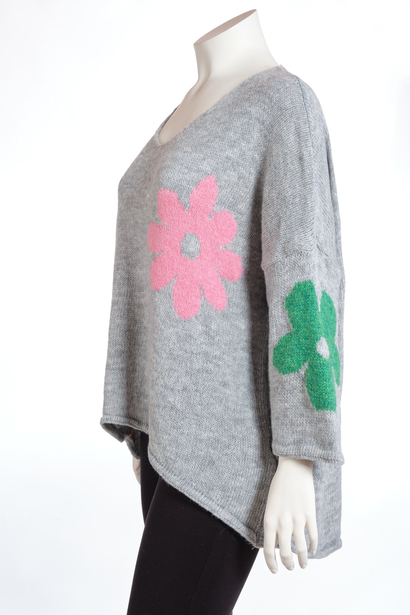 (1-tlg) grau und mit PEKIVESSA Pullover V-Ausschnitt Strickpullover Blumenstickerei Oversize