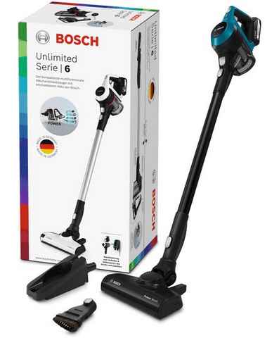 BOSCH Akku-Stielstaubsauger Unlimited 6 BKS6111P, Hygiene-Filter, 10 Jahre Motorgarantie, leicht, beutellos, Akku wechselbar, alle Bodenarten, hohe Saugkraft, lange Laufzeit, blau