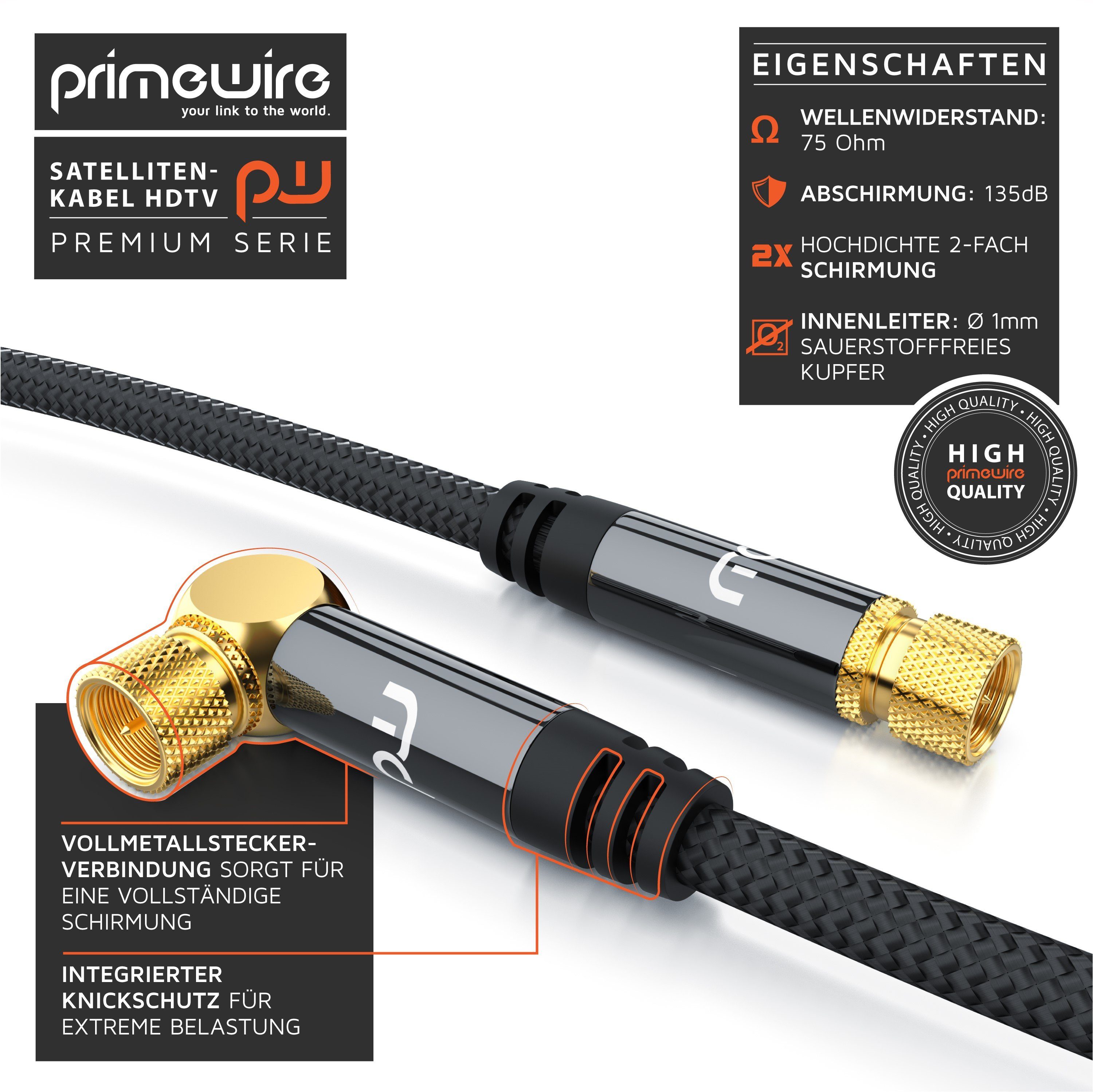 Primewire HDTV Satellitenkabel gewinkelt, 135Db 75 Ohm, Stoffummantelung - 2m SAT-Kabel, Koaxial, F-Verbinder, Stecker (200 cm), geschirmt gegen Störsignale, fü – Bild 5 von 5