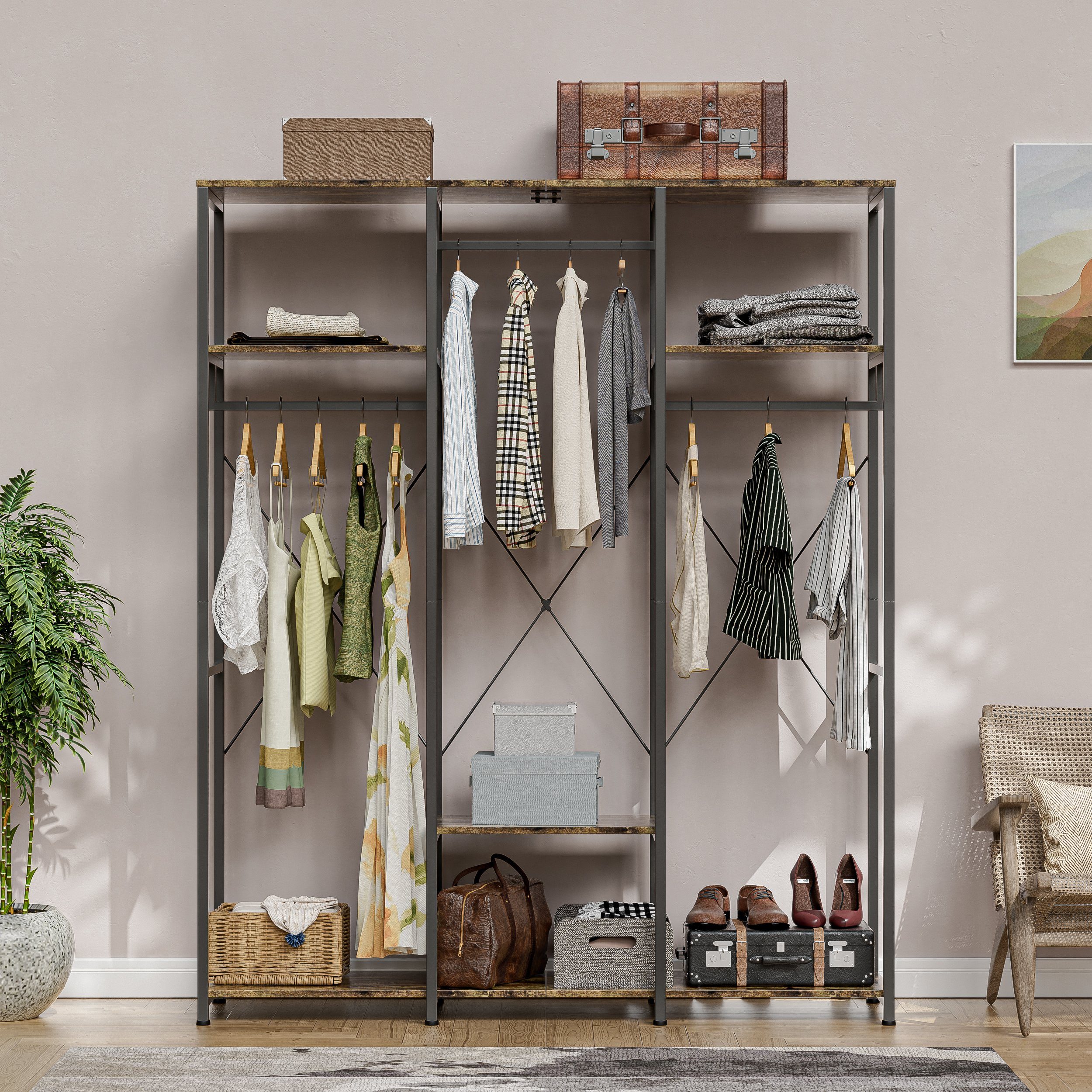 TWSOUL Garderobenständer Offenes Garderobensystem mit Kleiderstangen & Ablagen, stabiler Kleiderständer aus Metall und MDF in Holzoptik, 150×40×182 cm