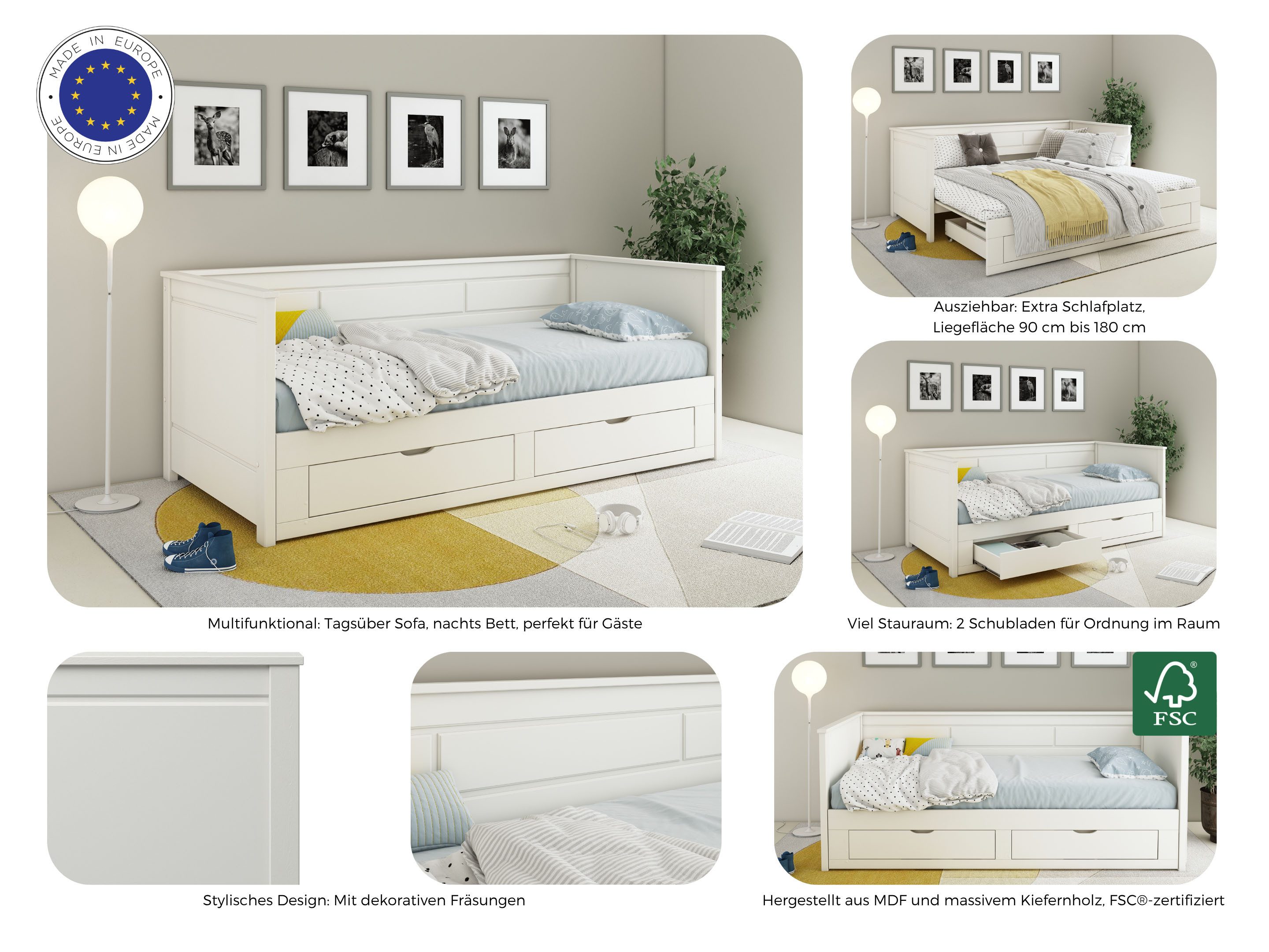 OTTO home Daybed Leorben, 2 Schlafplätze, Jugendbett, Landhausstil, Massivholz, ausziehbar, 2 Schubladen, inkl. Lattenroste, viel Stauraum, Made in EU