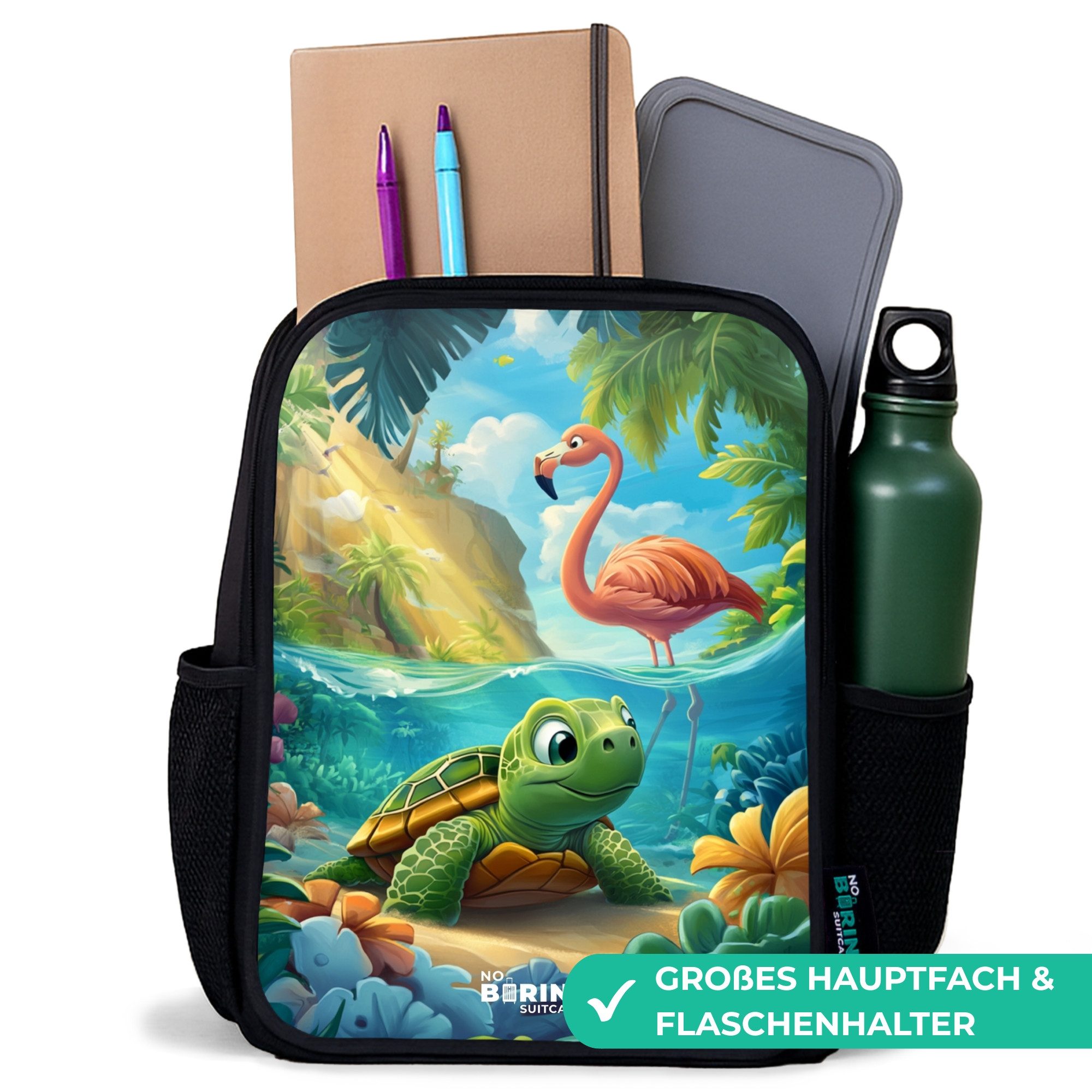 NoBoringSuitcases.com© Rucksack Schildkröte in tropischem Wasser mit Flamingo, Kinderrucksack Schwarz, Schulrucksack, Freizeitrucksack Jungen Mädchen