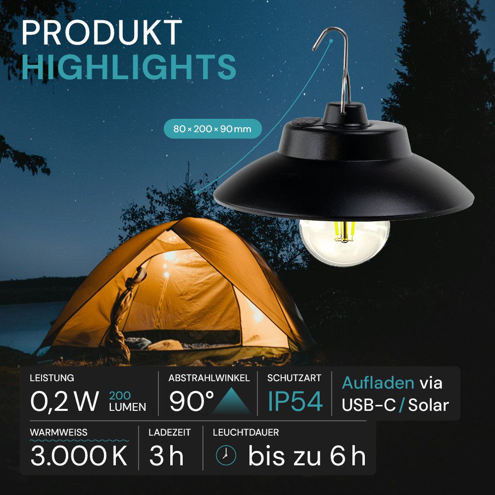 LUXULA LED Solarleuchte Campingleuchte Schwarz, LED fest integriert, 3000K Warmweiß, Solar Hängeleuchte 200lm Dimmbar Robust und Wetterfest