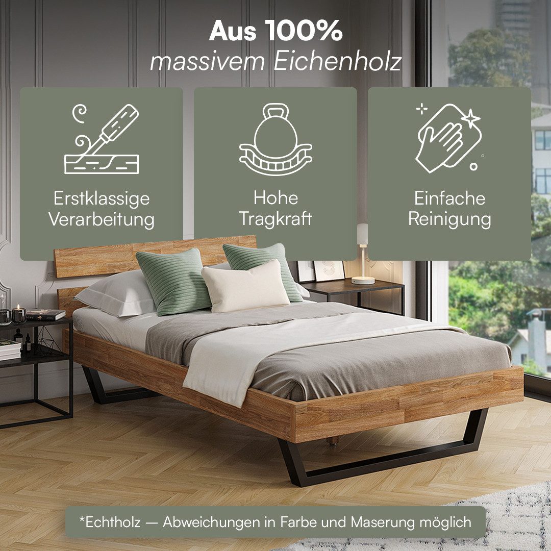 skølm Massivholzbett Alver, natur geölt mit Metallkufen, verfügbar in 120/140/160/180 x 200 cm