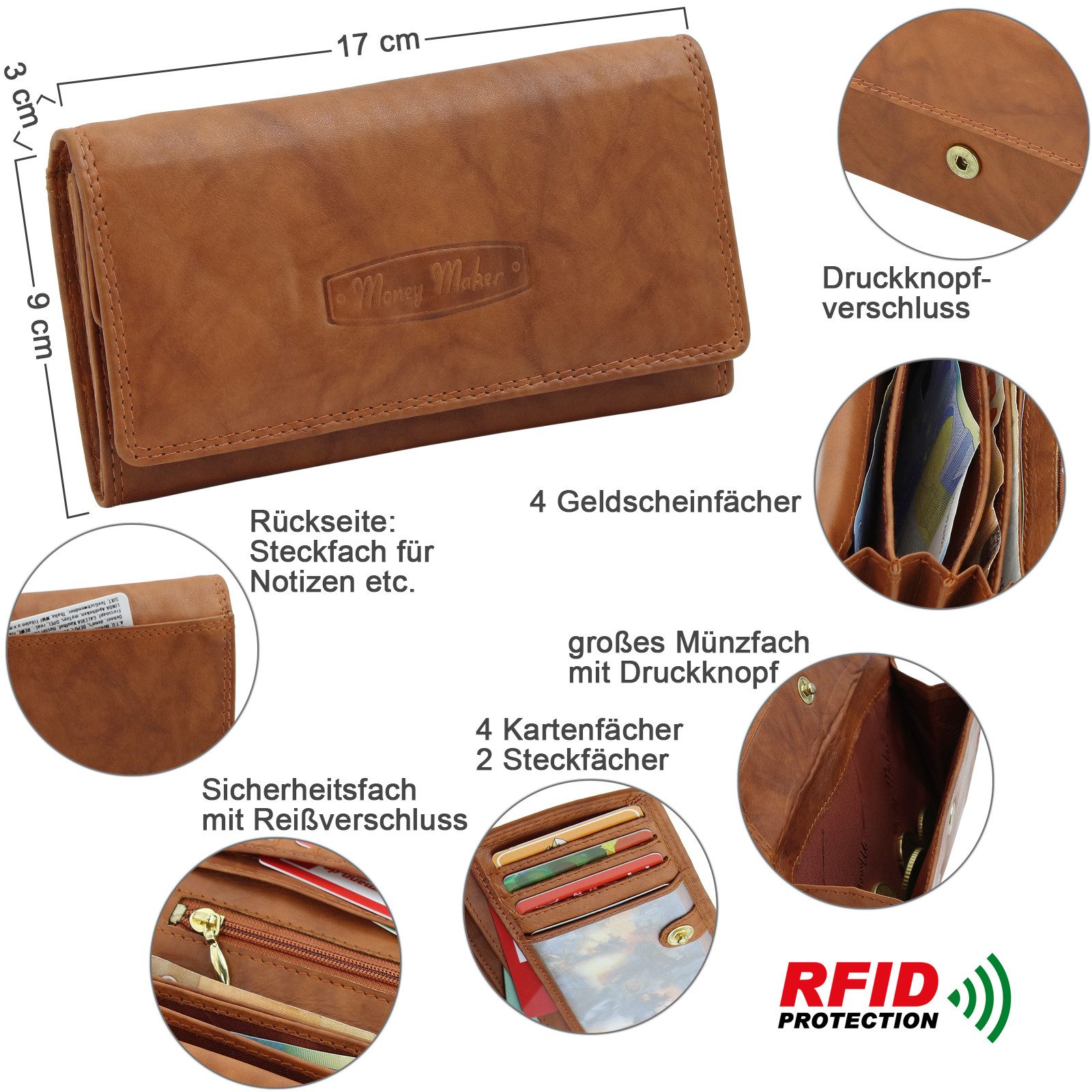 Money Maker Geldbörse aus Leder - Damen Portmonee mit RFID-Schutz - viele Fächer, groß