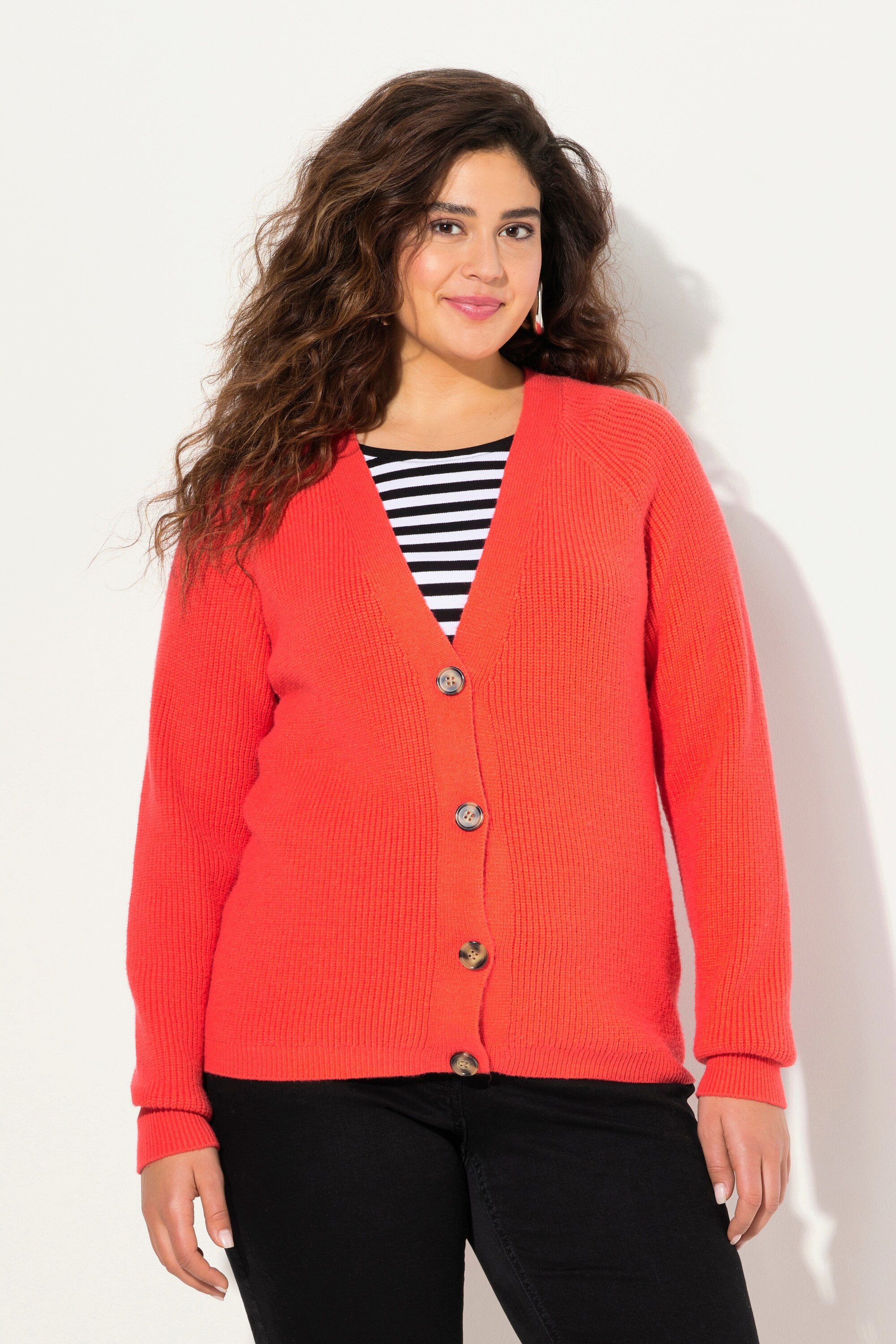Ulla Popken Cardigan Strickjacke Rippstrick V-Ausschnitt günstig online kaufen
