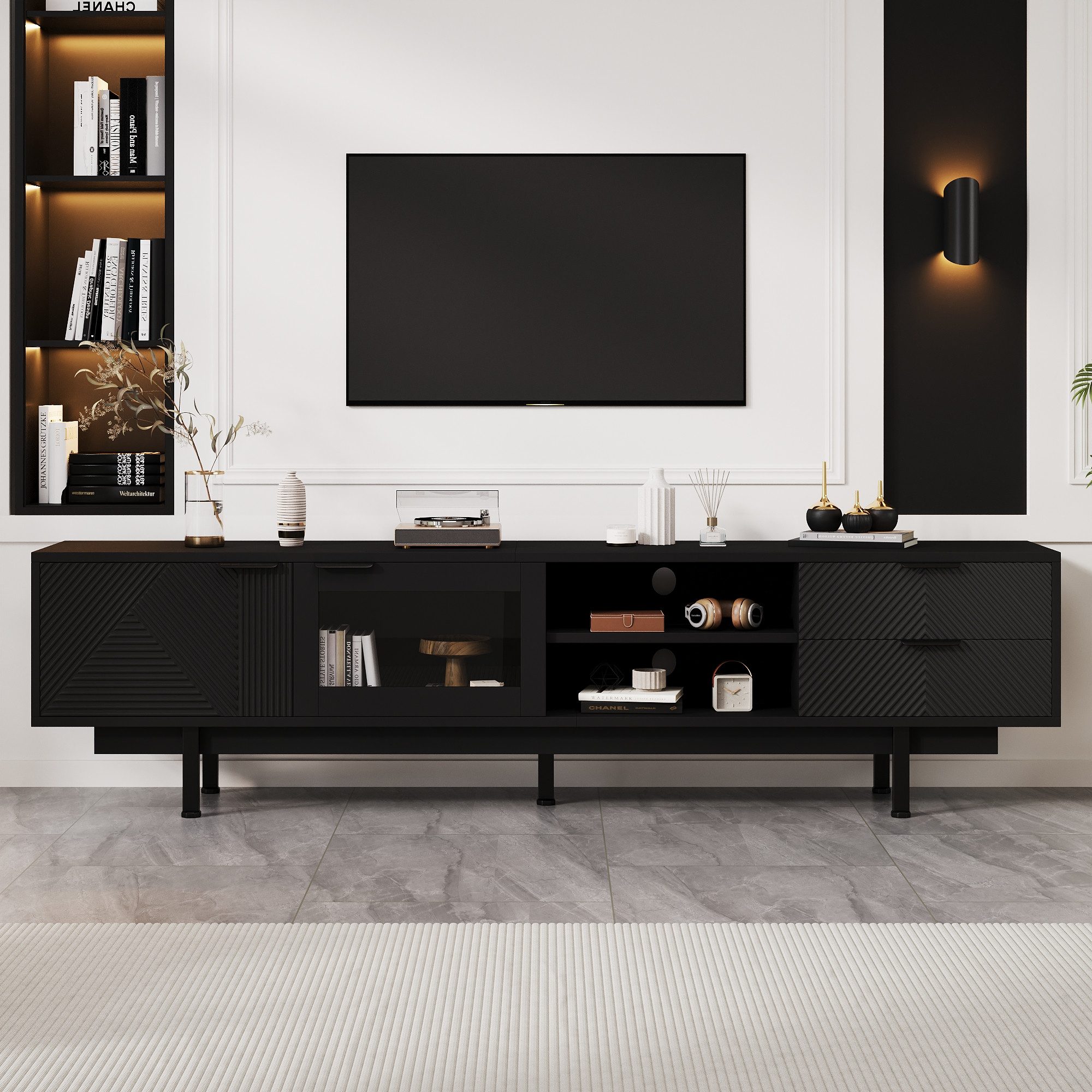 Merax Lowboard modern Fernsehschrank (1 St., Modernes TV-Möbel für 80-Zoll-Fernseher), TV-Schrank mit 2 Türen, 2 Schubladen & 3 Ebenen Stauraum,200x40x50.5cm