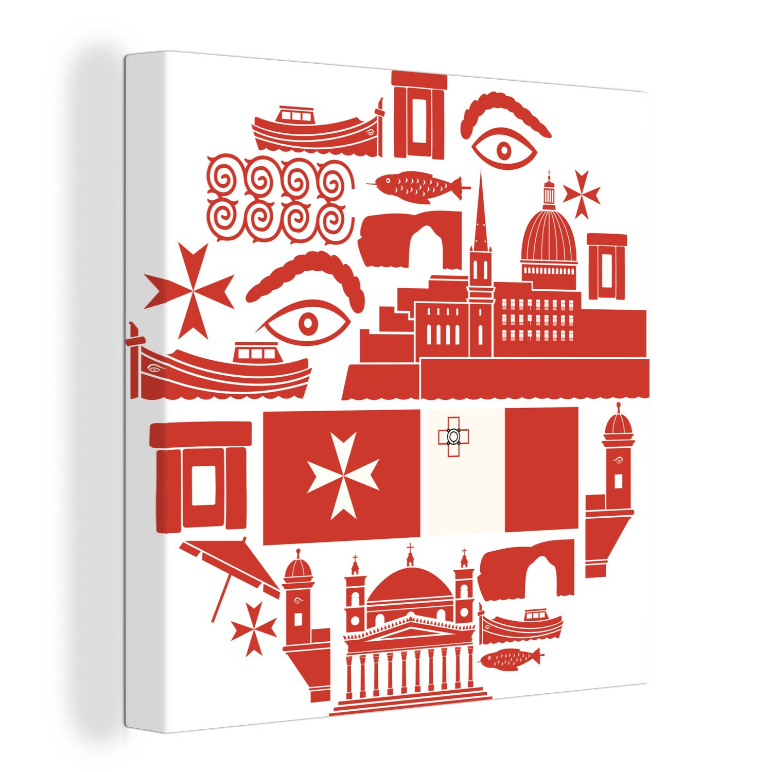 OneMillionCanvasses® Leinwandbild Illustration von Symbolen aus Malta in Rot in einem Kreis, (1 St), Leinwand Bilder für Wohnzimmer Schlafzimmer