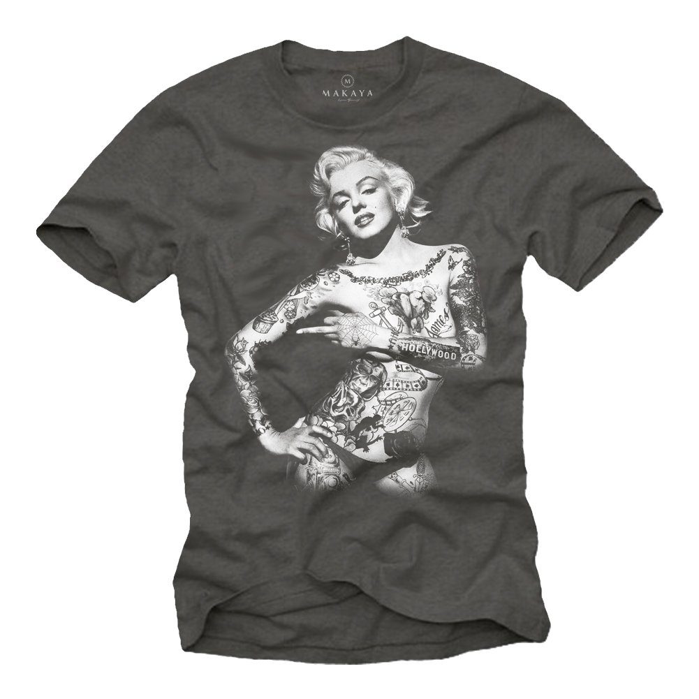 MAKAYA Print-Shirt Marilyn Vintage Tattoo Motiv - Männer T-Shirt mit Aufdruck mit Druck, aus Baumwolle Grau