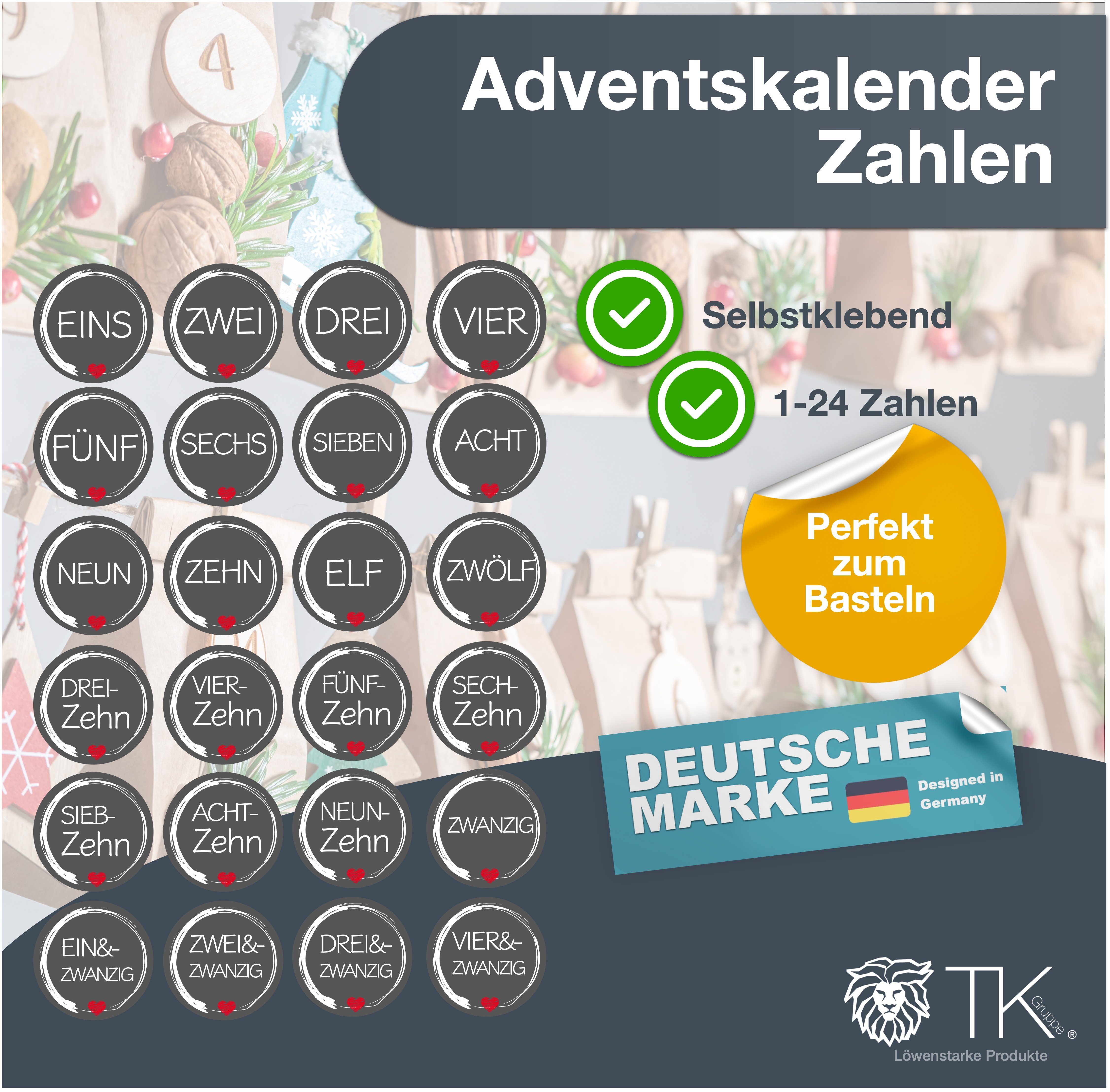 Aufkleber Adventskalender Sticker 1-24 selbstklebend TK Gruppe Adventskalender Zahlen ED.1