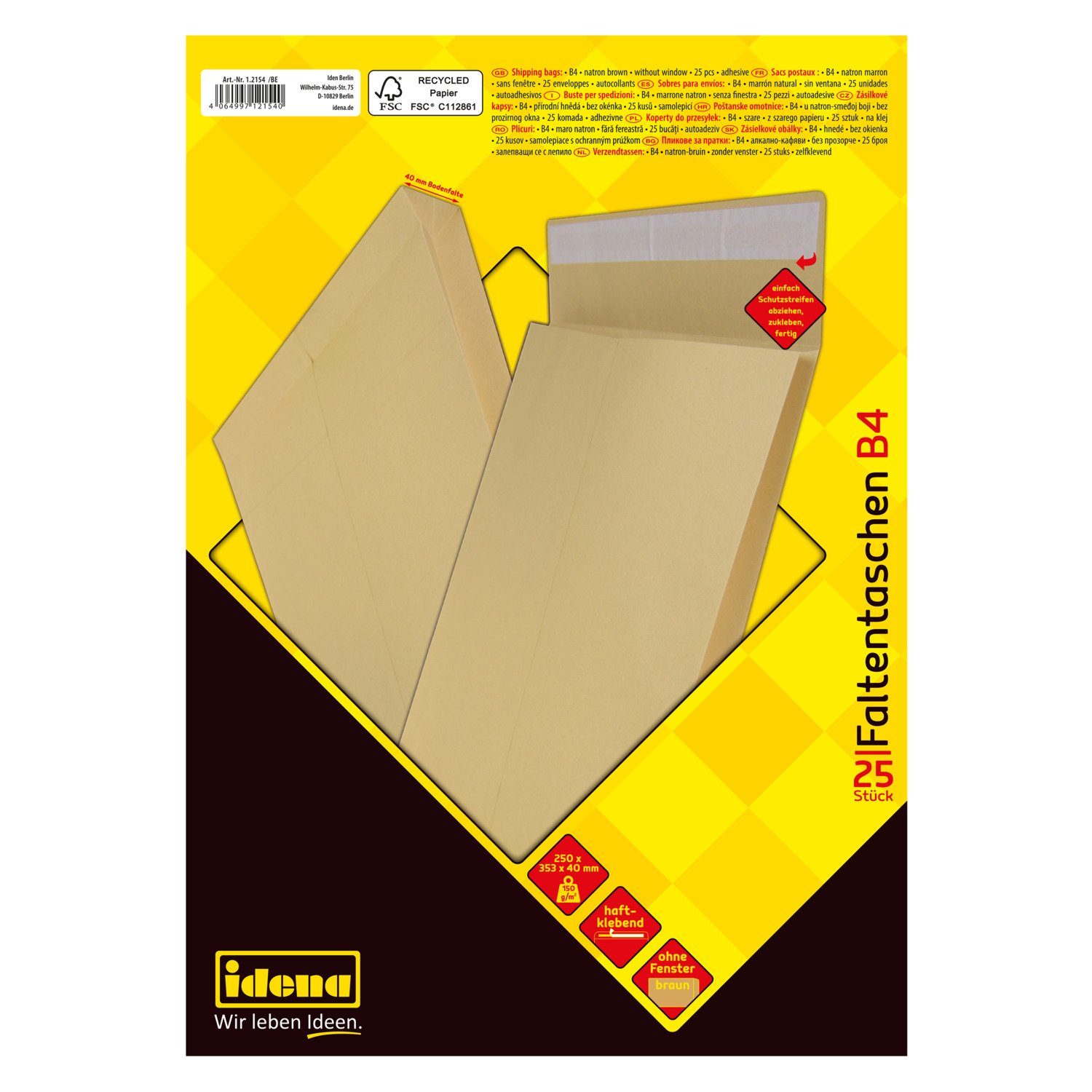 Idena Versandtasche Idena 12154 - Faltentasche haftklebend ohne Fenster, DIN B4, 150 g/m²