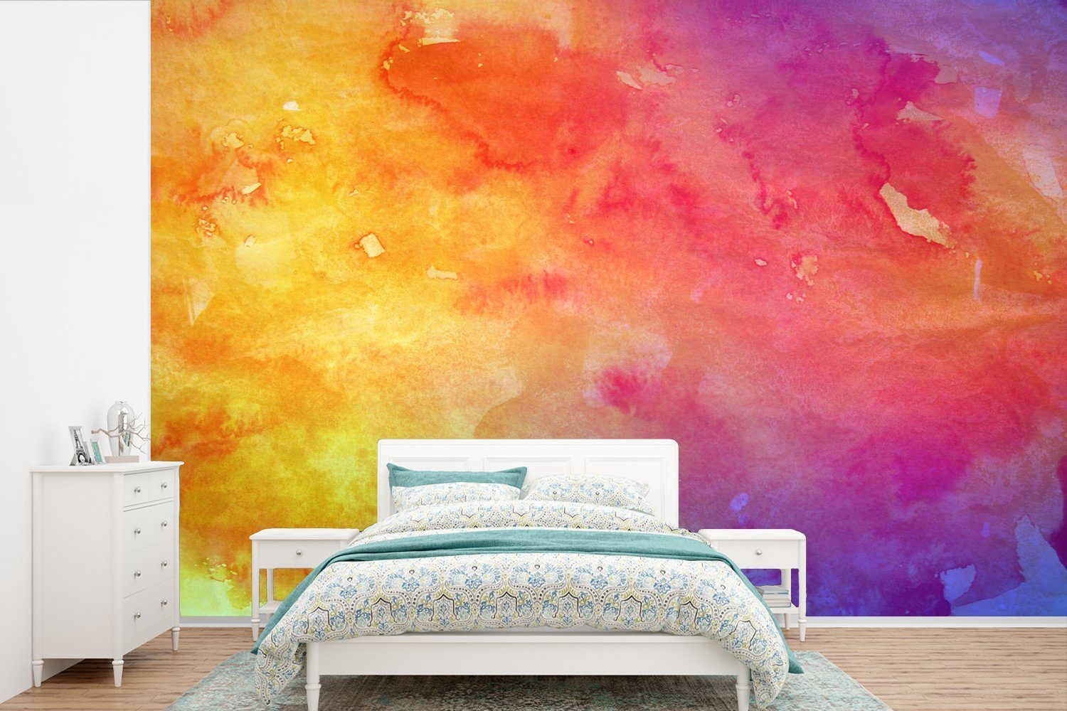 MuchoWow Fototapete Aquarell - Orange - Rosa, Matt, bedruckt, (6 St), Wallpaper für Wohnzimmer, Schlafzimmer, Kinderzimmer, Vinyl Tapete