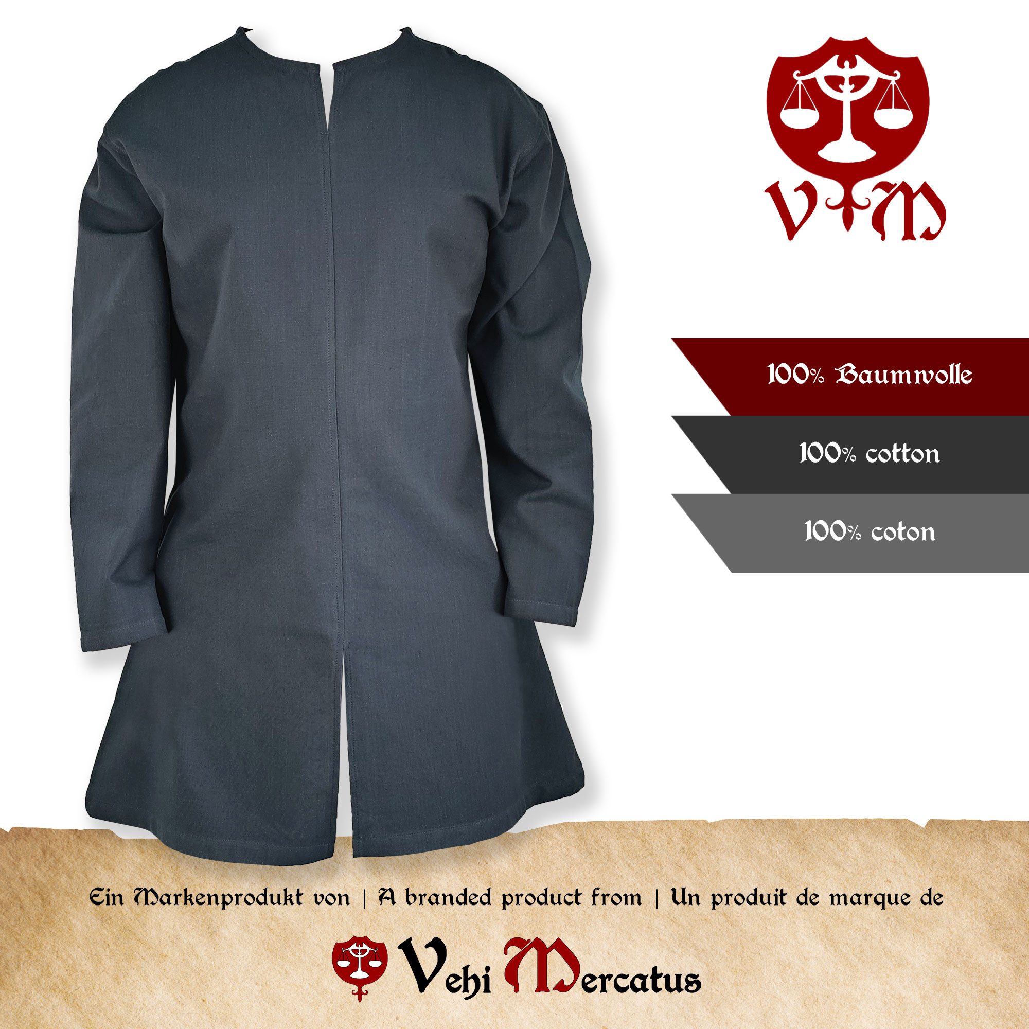 Vehi Mercatus Wikinger-Kostüm Schlichte Mittelalter Tunika langarm Blau "Malte"