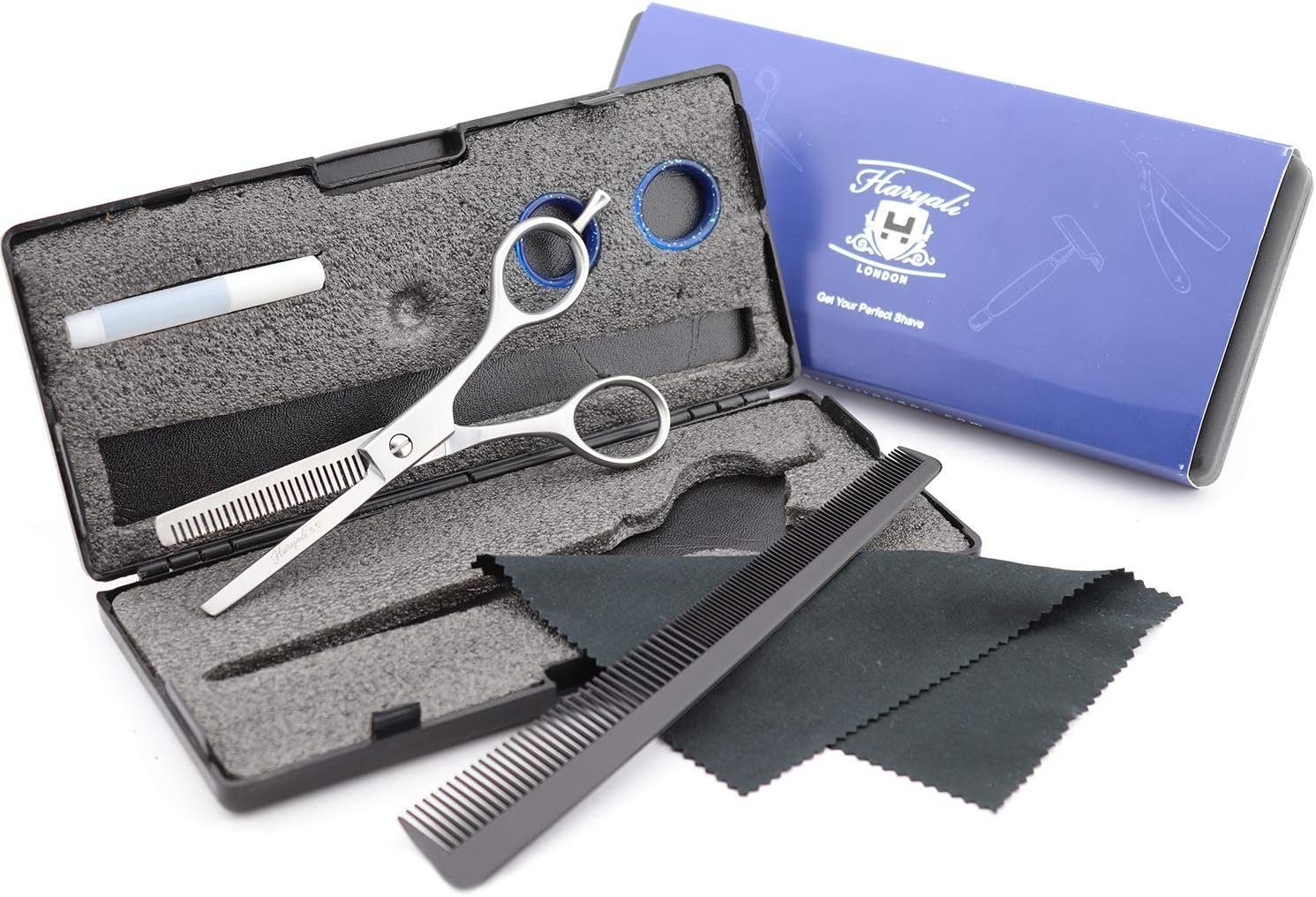 Haryali London Haarschere professionelles Effilierscheren-Set, Stylingscheren-Set mit Kamm, Etui, (Set, 1-tlg., Effilierscheren-Set mit gratis Kammabdeckung, superscharfe Klinge), langlebige, verstellbare Edelstahl-Pflegeschere 5,5 Zoll