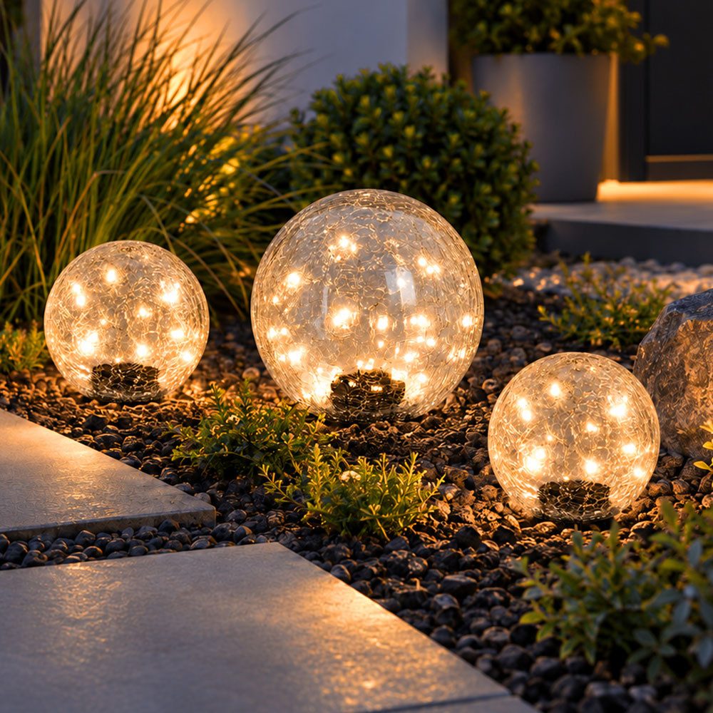etc-shop LED Solarleuchte, LED-Leuchtmittel fest verbaut, Warmweiß, LED Solarleuchte Glas Klar Bruchglasoptik IP44 3-Flammig