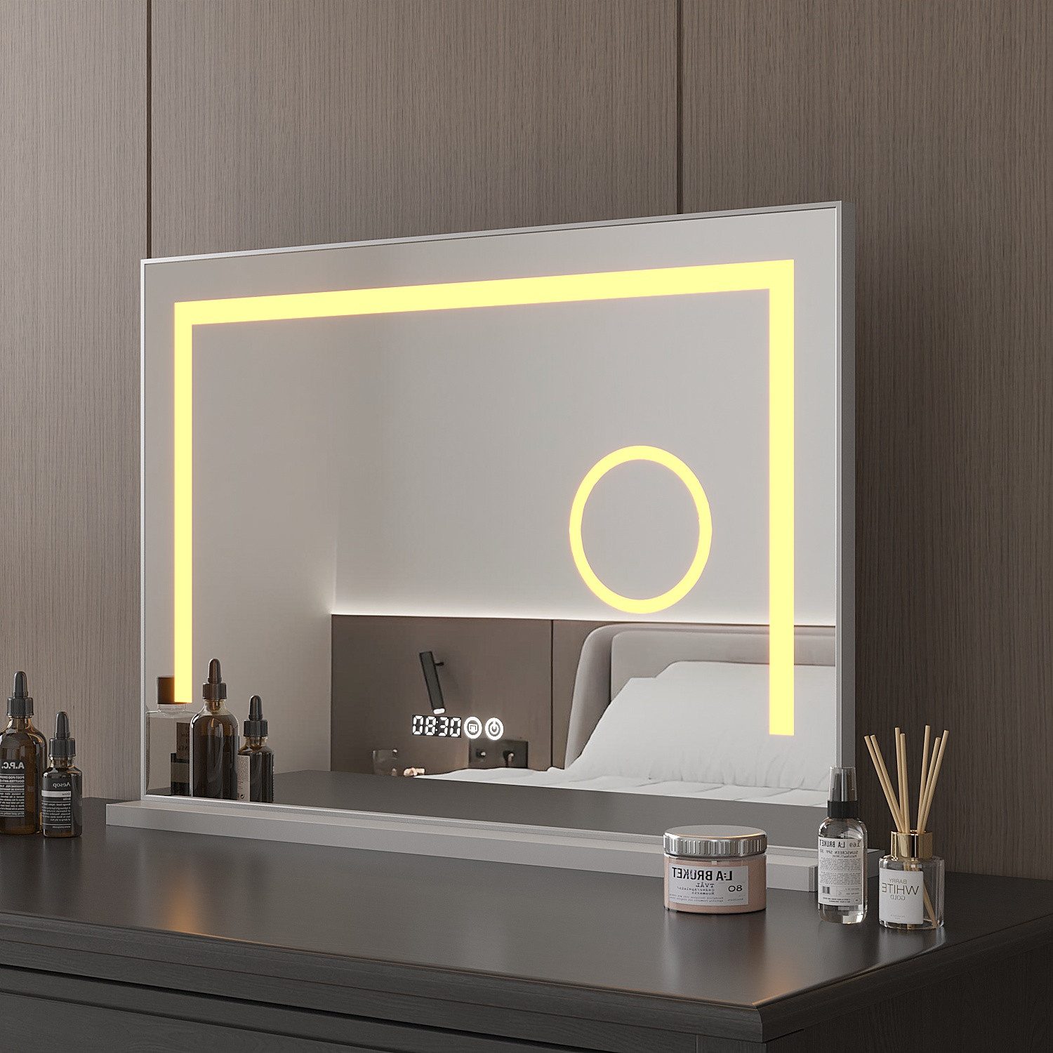 AQUALAVOS Schminkspiegel Kosmetikspiegel Hollywood Spiegel LED Schminkspiegel 70x50 cm/80x60 cm, Digital Uhr, 3 einstellbare Leuchten, mit deutscher Stecker