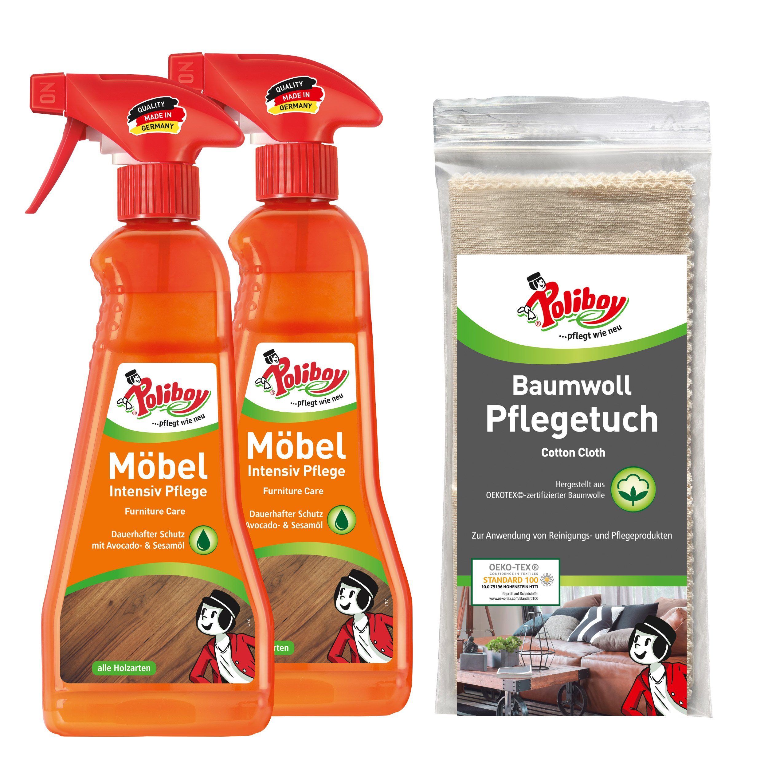 poliboy 2xMöbel Intensiv Pflege 375ml + Baumwoll Pflegetuch Möbelreiniger (Reinigung, Pflege und Schutz von Möbeln aus Holz - Made in Germany)
