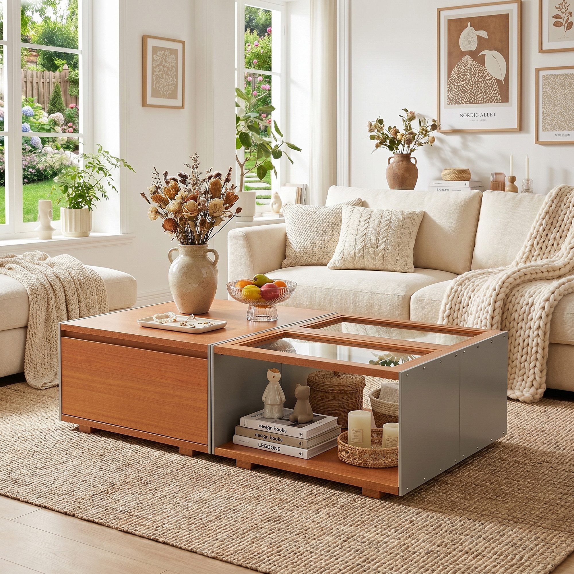 FUFU&GAGA Couchtisch 141 cm Teakholz-Optik und Grau, Modularer Wohnzimmertisch
