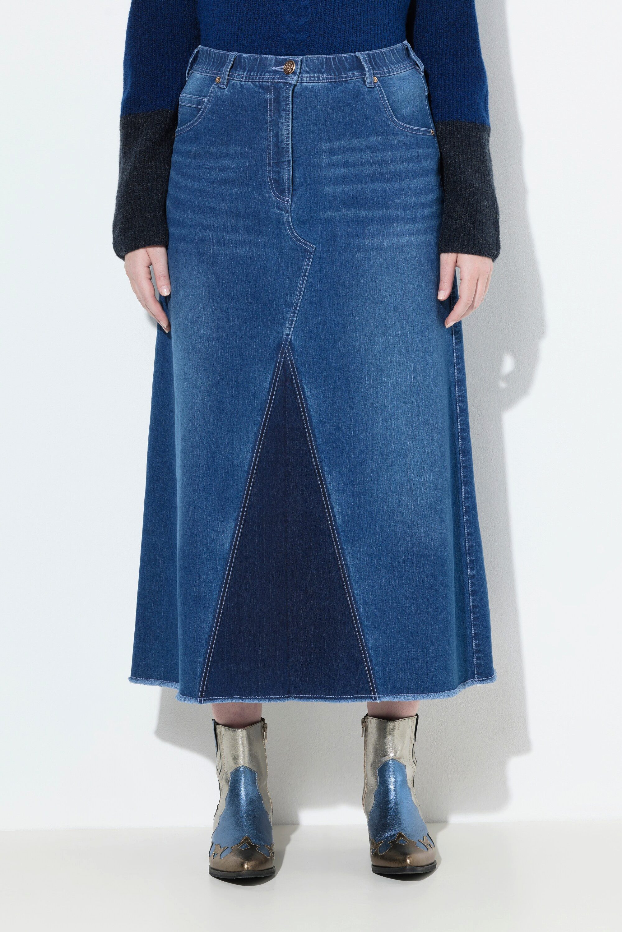 Ulla Popken Maxirock Jeansrock Fransensaum A-Linie Stretchdenim günstig online kaufen