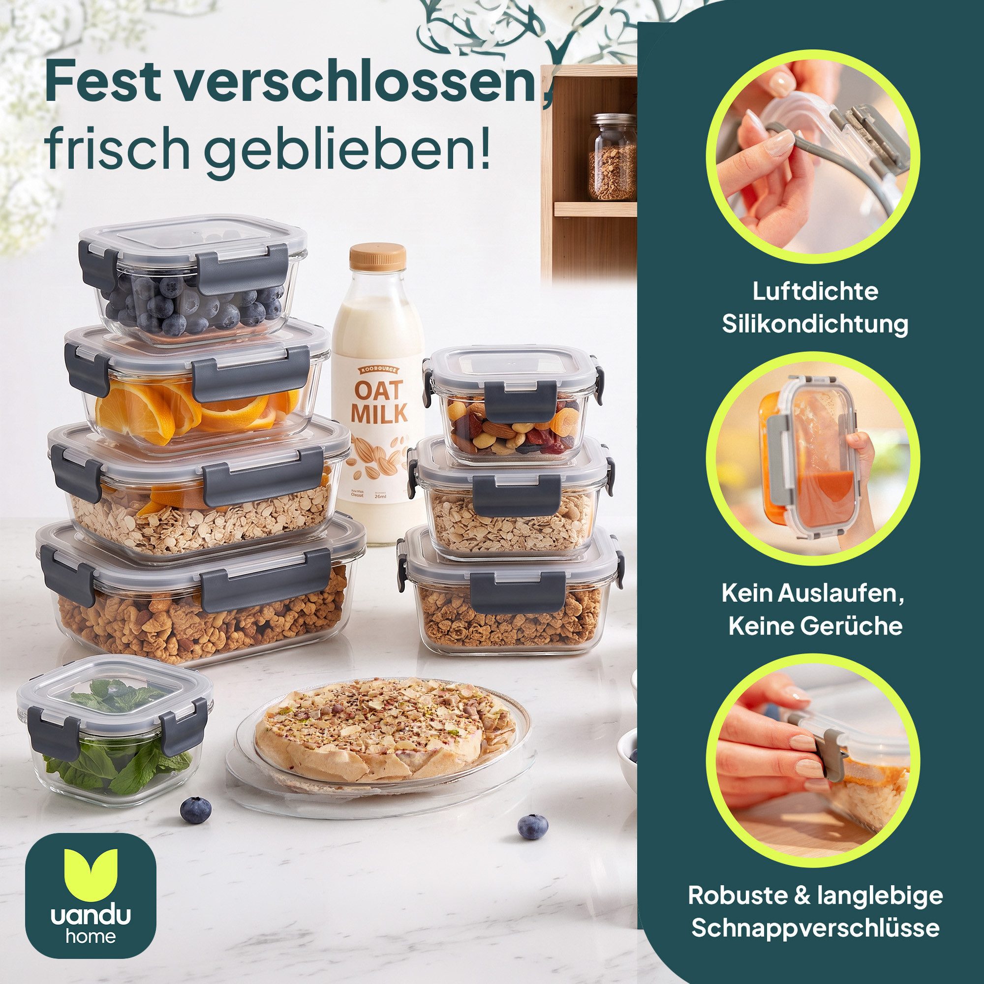 uandu home Frischhaltedose Glasbehälter mit Deckel, Frischhaltedosen Glas mit Deckel, (glasdosen mit deckel set, glas tupper mit deckel, glass food container, f – Bild 3 von 5