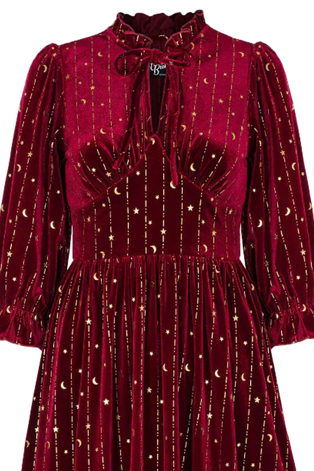 Hell Bunny A-Linien-Kleid Galactica Samt Dress Rot Gothic Sterne Mond – Bild 5 von 5