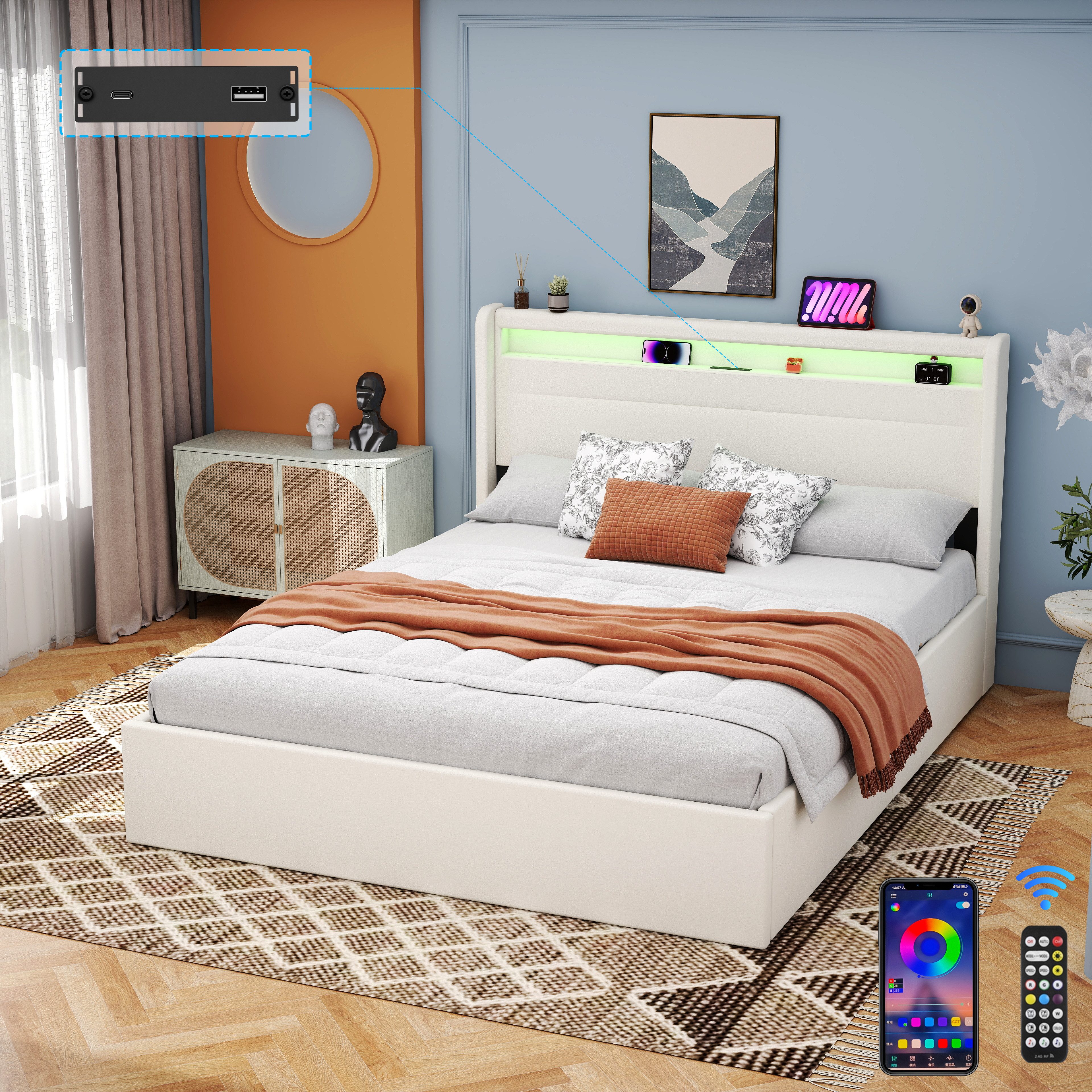 oyajia Polsterbett Stauraumbett Doppelbett LED, PU-Kunstleder (Type-C + USB günstig online kaufen