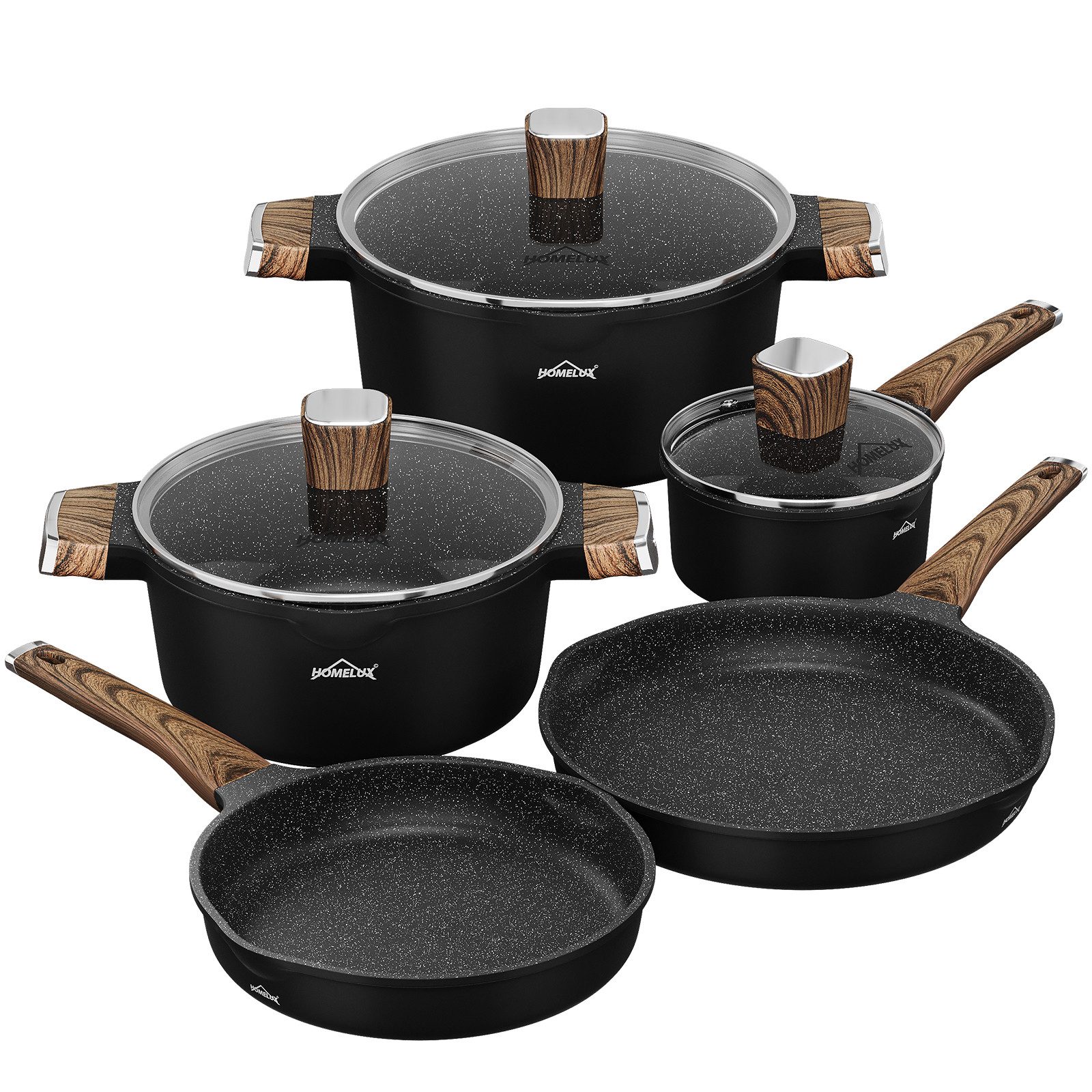HOMELUX Topf-Set Induktions Töpfe Set mit Antihaftbeschichtung,Holzmaserung, Aluminiumguss, Aluminium (Set, 8-tlg., 24/28cm Pfanne,16cm Milchtopf mit Deckel,24/28cm Kochtopf mit Deckel), für alle Herdarten,Spülmaschinengeeignet