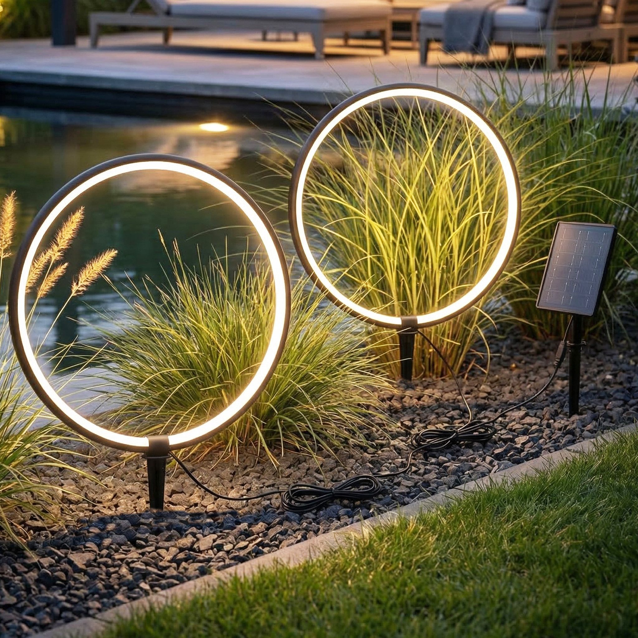 Arnusa LED Solarleuchte Gartenstecker Leuchtringe Aluminium 35 cm Gartenleuchte Wegeleuchte, Dimmfunktion, LED fest integriert, Warmweiß, mit Erdspieß, starker Akku lange Leuchtzeit