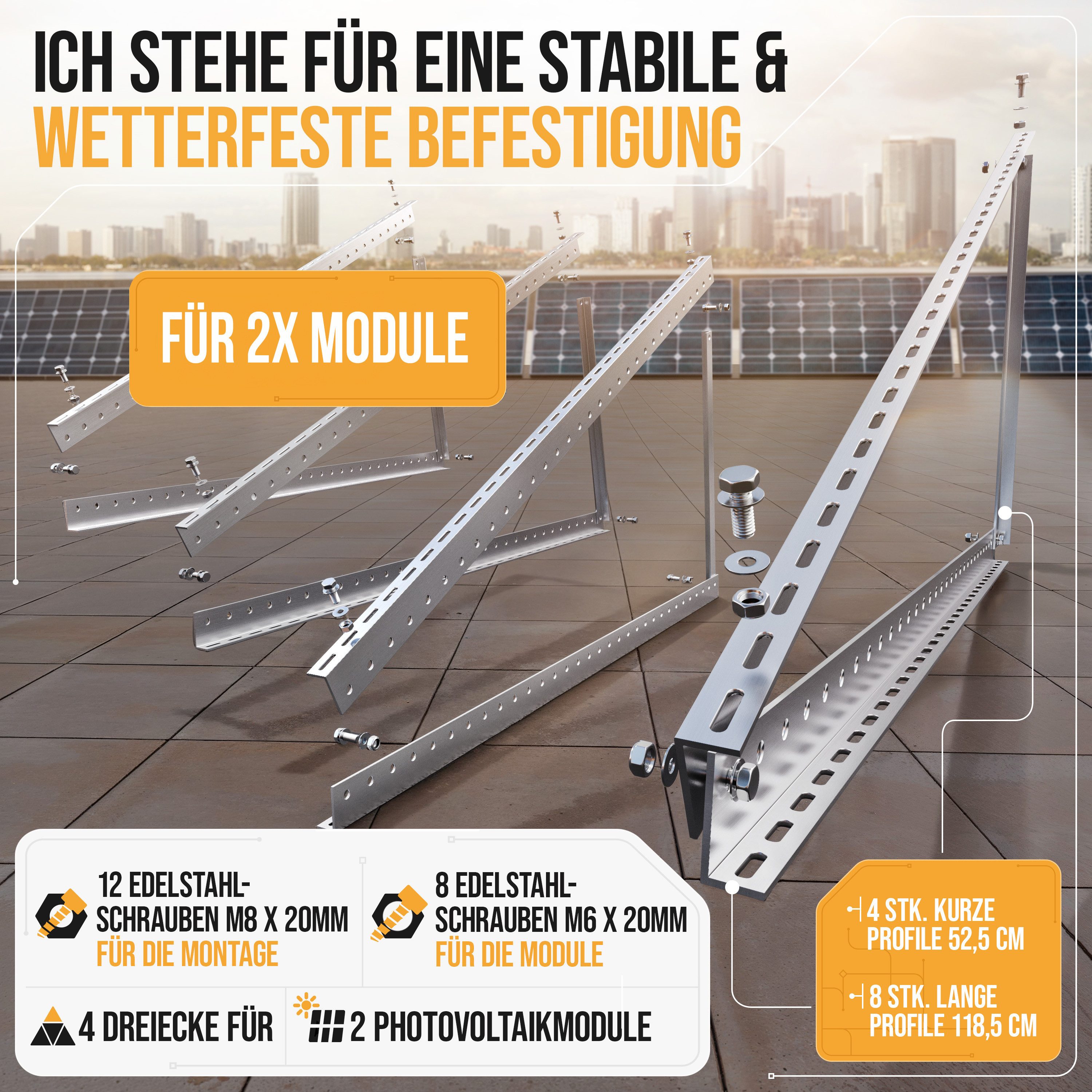 Lichtblicker Solarmodul-Halterung Balkonkraftwerk 118cm 3mm Stark. 2x Solarmodule. Wand Balkon Flachdach, (Für 2 Stück Photovoltaikmodule, Länge 118cm - Stärke  – Bild 2 von 5
