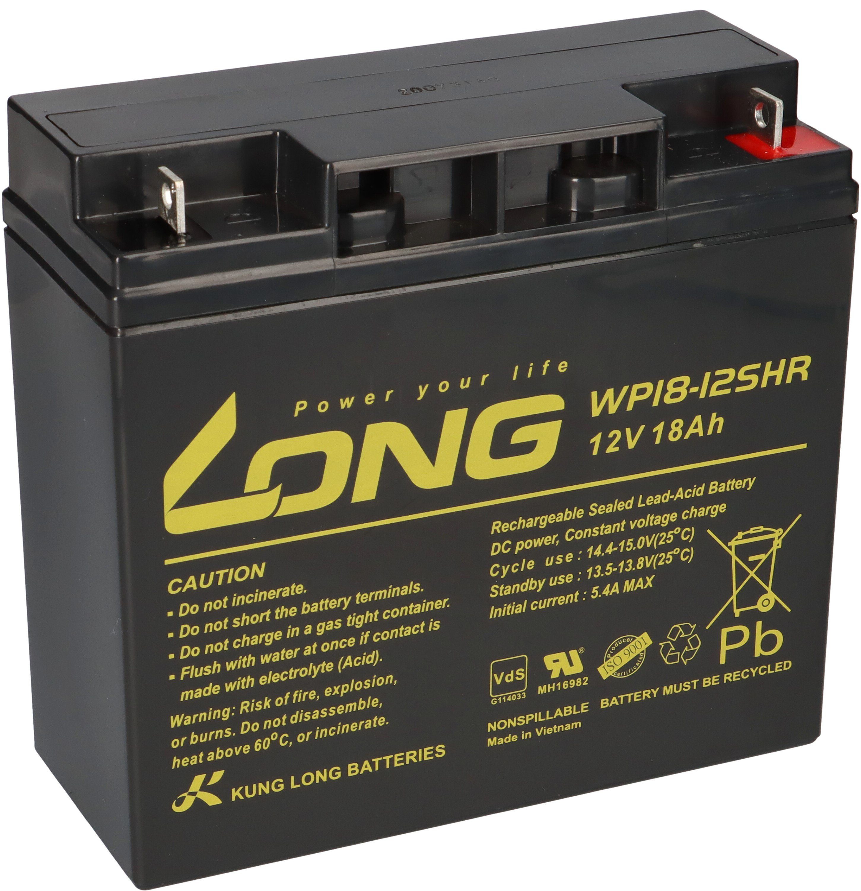 Kung Long Kung Long VdS WP18-12SHR 12V 18Ah AGM Blei Accu wartungsfrei Bleiakkus
