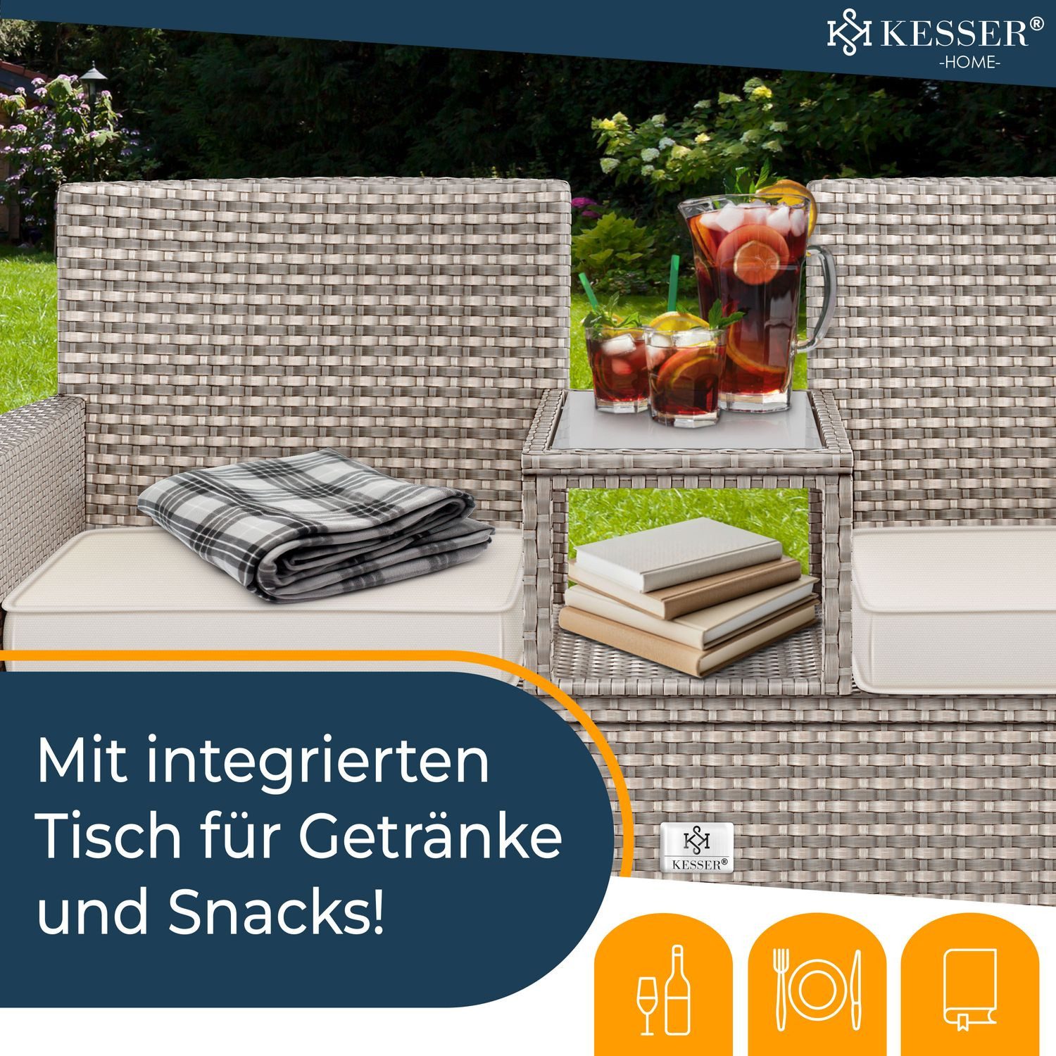 KESSER Gartenbank, Polyrattan Gartenbank 2-Sitzer Bank mit integriertem Tisch