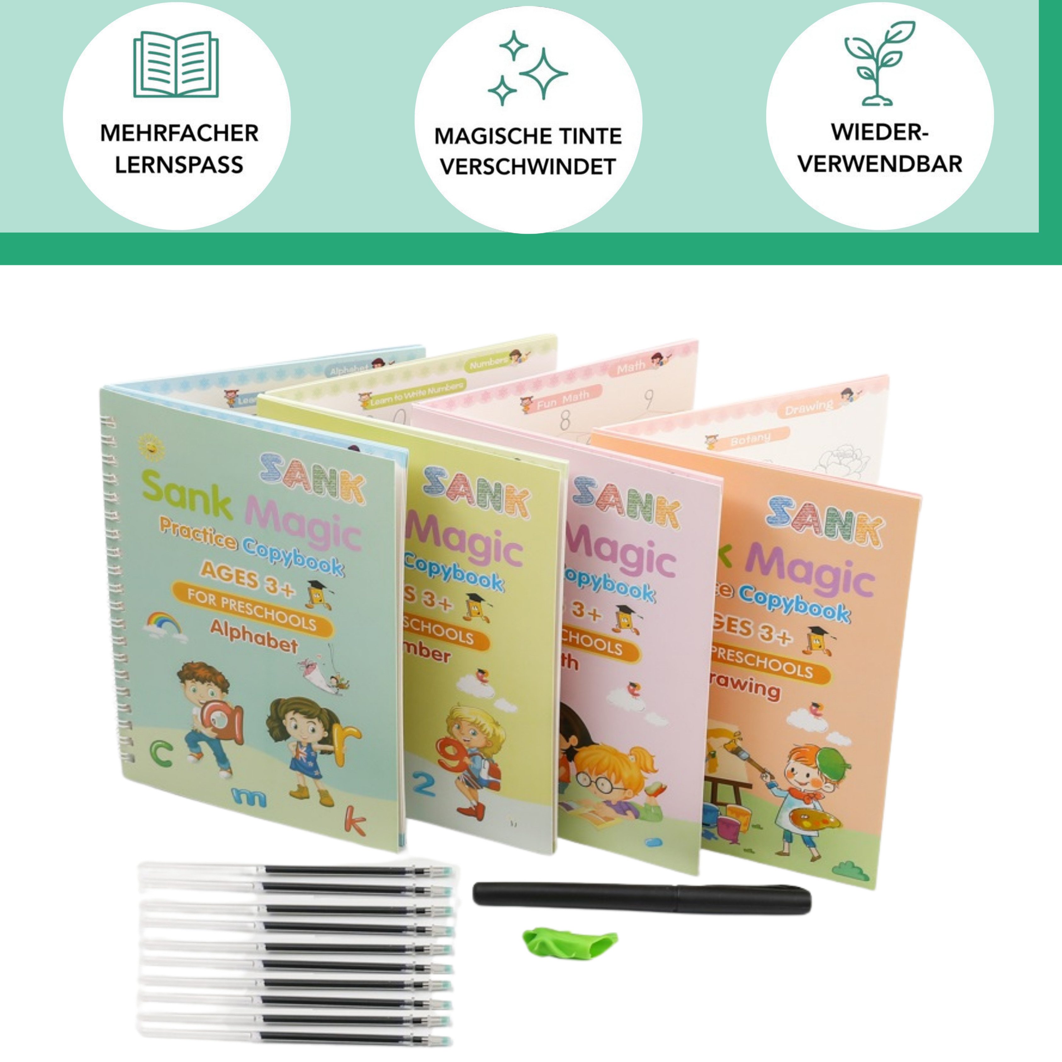MaajeeKuto Notizbuch 4 Stück Englisch Magisches Heft, Magisches übungsheft mit 10 Stift