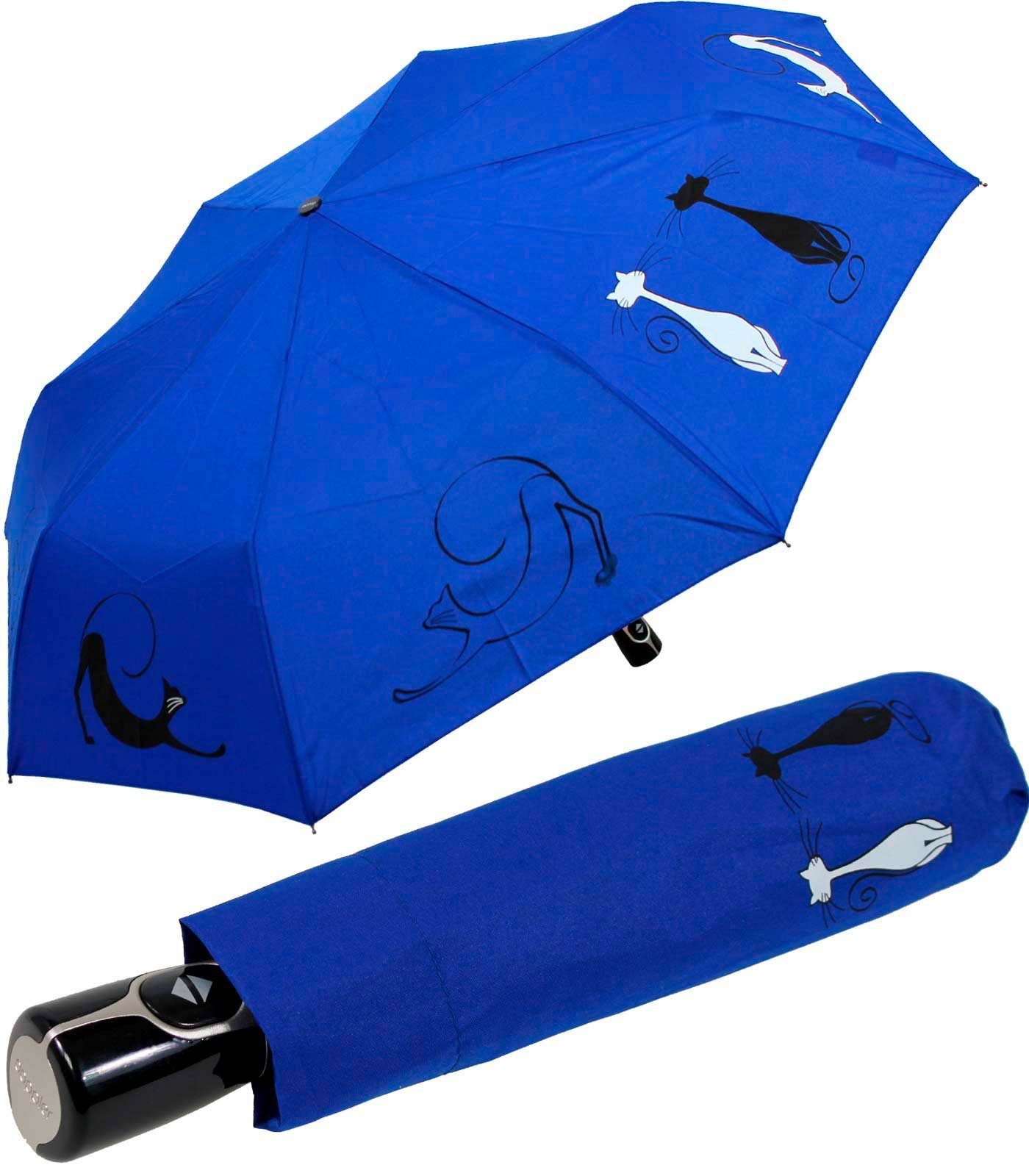 doppler® Taschenregenschirm Damen Auf-Zu Magic Fiber - Cats Best Friends, für Katzen-Liebhaber - elegant, stabil und praktisch blau