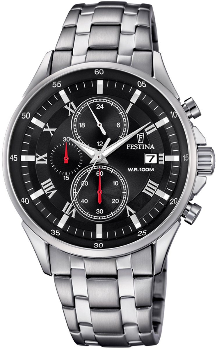 Chronograph Uhr Festina F6853/4 silber Armbanduhr Edelstahl, Festina Edelstahlarmband Herren rund, Herren