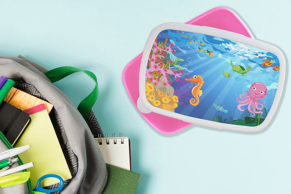 MuchoWow Lunchbox Kinder - Tiere Wasser, Brotdose Kunststoff, rosa für Kunststoff Kinder, (2-tlg), Snackbox, Brotbox Mädchen, - Erwachsene