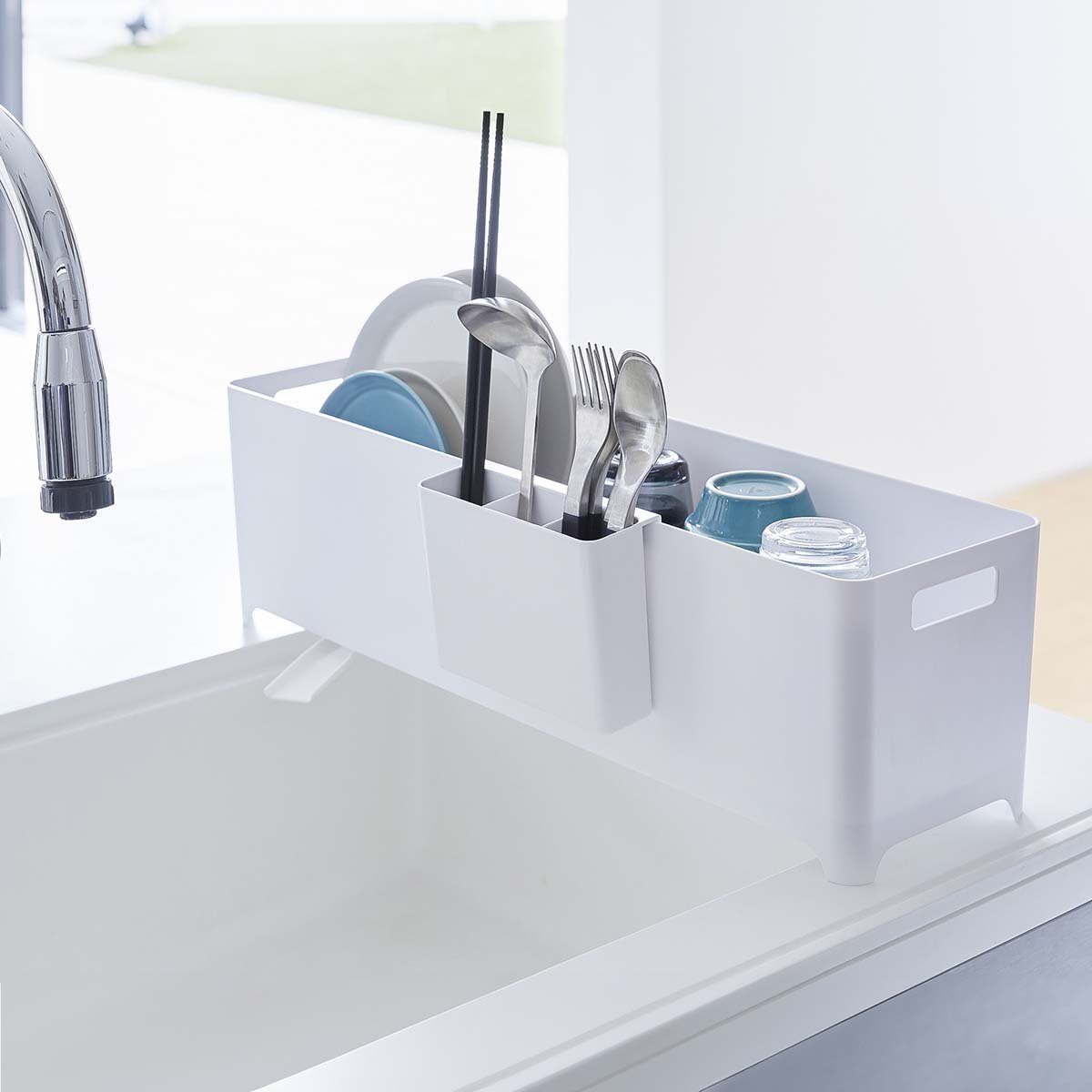 Yamazaki Trockenständer "Tower" 55x16x16cm für Geschirr, Zubehör für Spülbecken, Spüle, Abwasch, Abtropfgestell, Abtropfkorb, schmal, Abtropfschale mit Ablauf